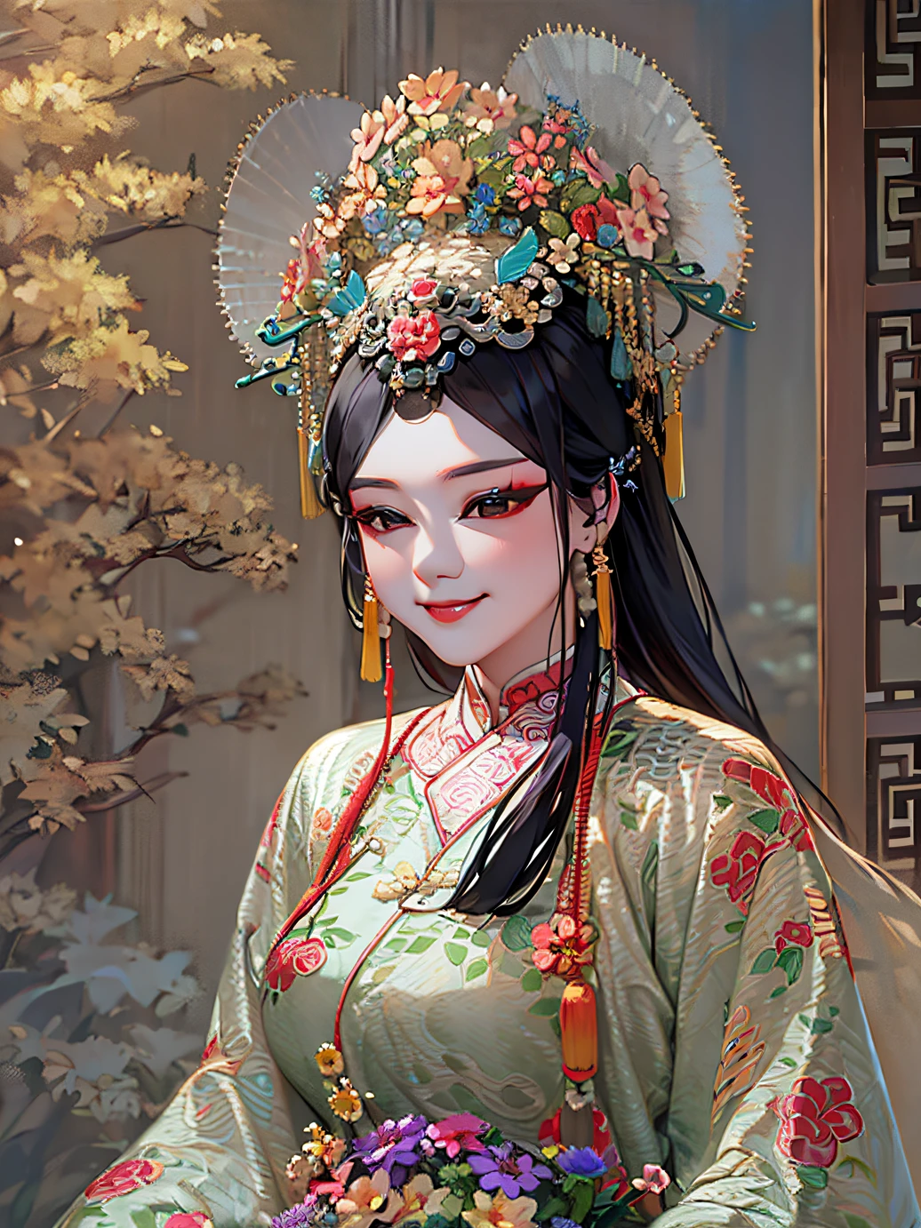 sportrait，looking at viewert，ssmile，Background with，Stage，Simple stage，Chinese big breasts，tradit，Keep one's mouth shut，great flower，Chinese Peking Opera，Peking Opera actor