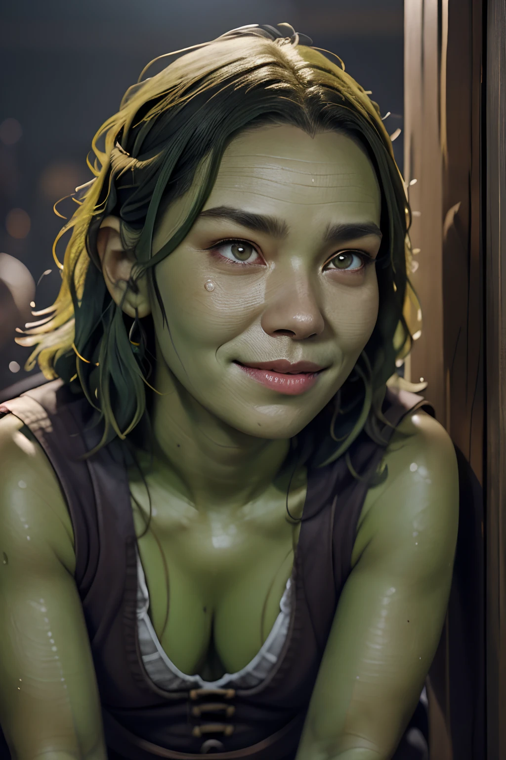 Frau ist ein Ork, (niedliches gesicht) (long canines) ((green skin)), RAW-Foto, {Kobold} Dieb, Lederrock, (Hochdetailliertes Fell:1.2), 1Frau, ((Meisterwerk)), (best quality), Perfekte Anatomie, hight resolution, Detailliert, (8K), fotorealistisch, best quality, Ultra-High-Res, ((detailliertes Gesicht)),