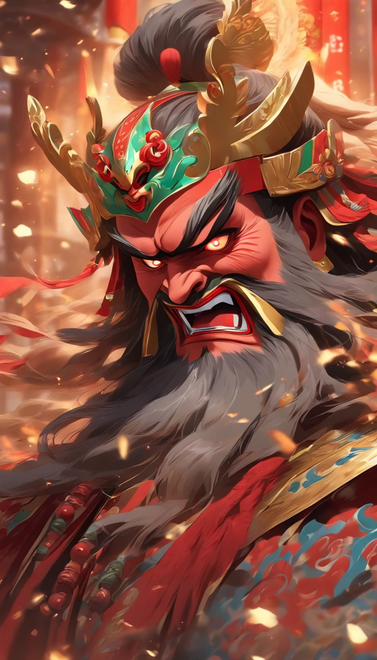 China-style,Chinese drama,Peking Opera costumes,Guan Yu costume,Drama Facebook,Red face,中景 the scene is,super-fine,ultra - detailed,high qulity,8K ,Sharply focus the eyes,highly detailed surreal vfx,oc rendered, - AR 16:9 --q 2 --s 1000