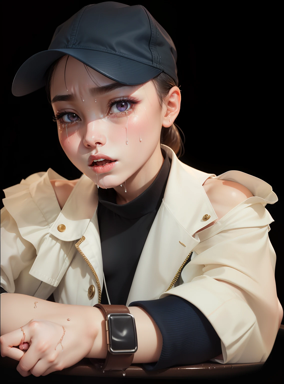 (from side), small breasts, sideboob, (flat chest), (drooling), (wet), (expressionless), (tears), looking_at_viewer, 10 years old fashion trendy beautiful beautiful beautiful girl, gentle and attractive Chinese beautiful girl, 10 years old, delicate and sexy collarbone, Attractive oval face, double eyelids, smart peach blossom eyes, pink lips, small nose, bare shoulders, focus on the face, chest close-up, ultra high definition, super detail, fresh and impressive