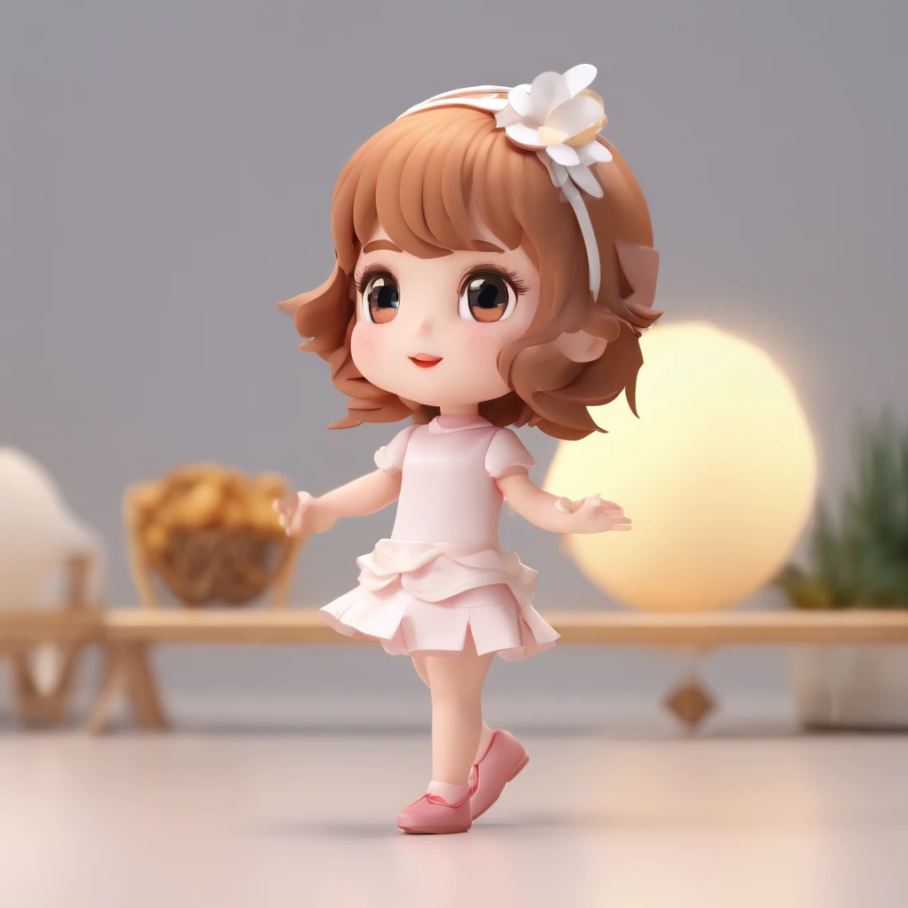 walking, Super Cute Girl IP from Pop Mart, bright eyes, angel, Little white dress, clay, brown shiny hair, Model, Blind Box Toys, Bright and delicate, Clean background, Good brightness, 3d rendering, Top Good Quality