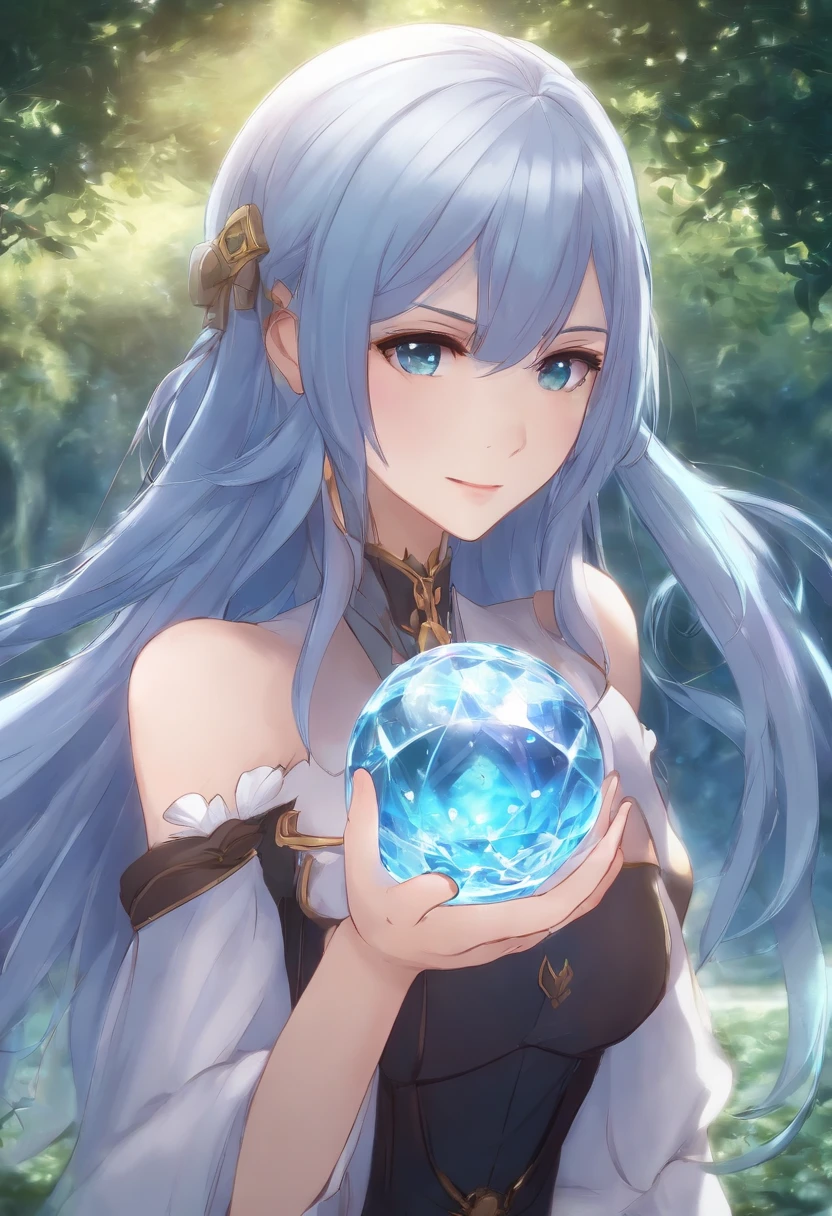 Menina anime com cabelo azul e um top roxo segurando uma bola de cristal, a sorceress casting a ice ball, magia de elenco de bruxa de anime de paquera, feiticeira, /!\ A Feiticeira, academia bruxa, bruxa brilhante, mago feminino!, feiticeira bonita, menina alquimista, Aqua, Konosuba, uma bela feiticeira