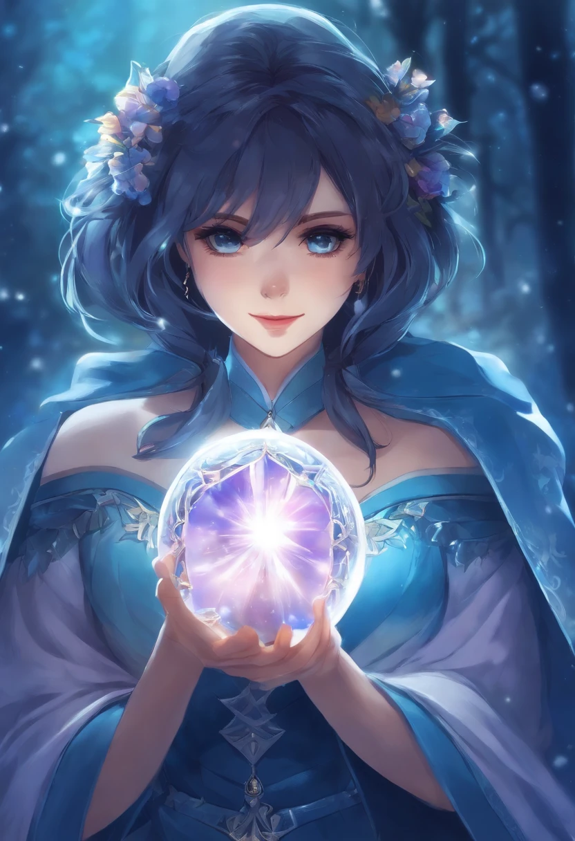 Menina anime com cabelo azul e um top roxo segurando uma bola de cristal, a sorceress casting a ice ball, magia de elenco de bruxa de anime de paquera, feiticeira, /!\ A Feiticeira, academia bruxa, bruxa brilhante, mago feminino!, feiticeira bonita, menina alquimista, Aqua, Konosuba, uma bela feiticeira