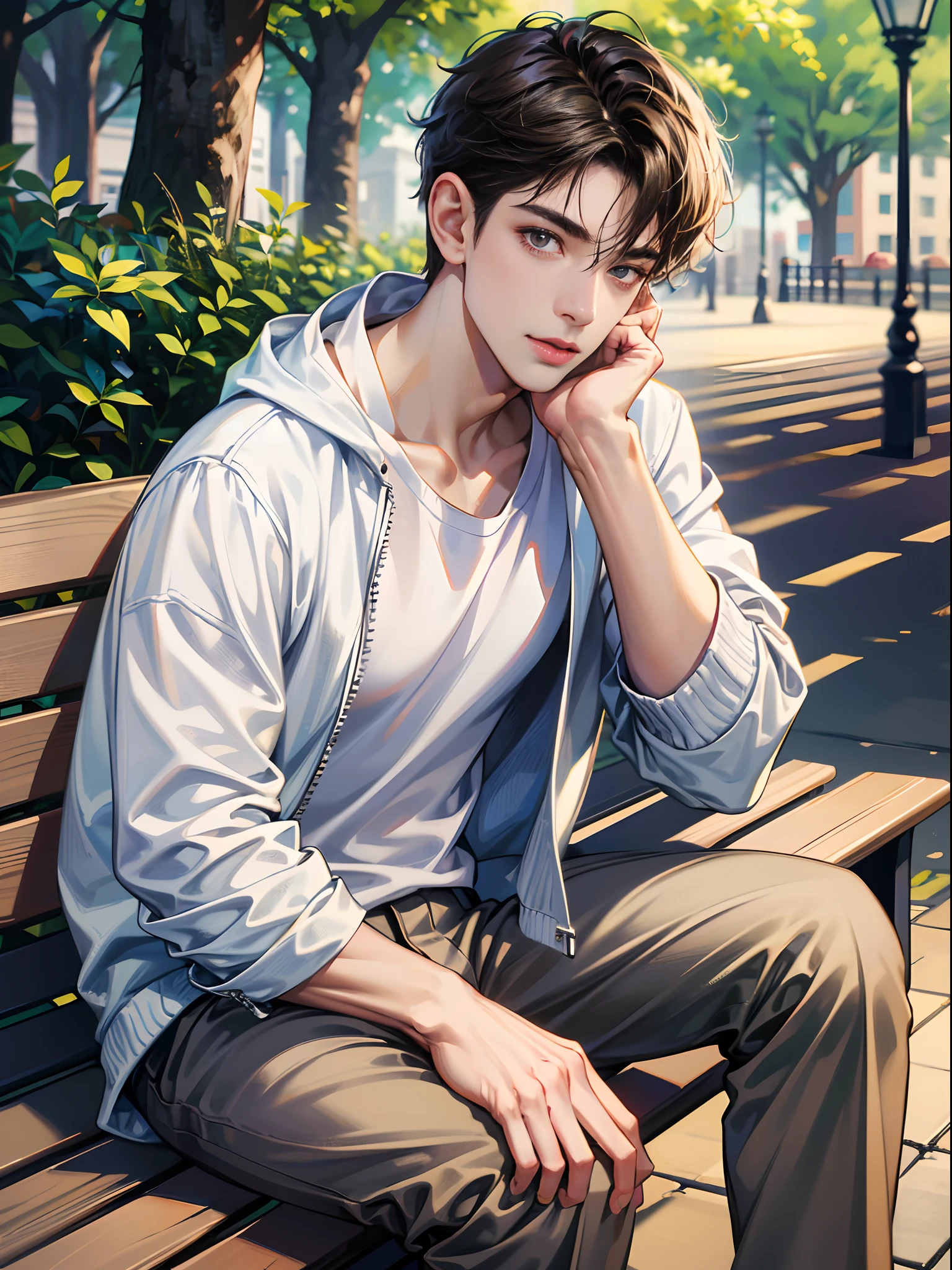 (absurdres, highres, ultra detailed, HDR), masterpiece, best quality, 1boy, solo, handsome, short hair, dark brown hair, finely eye and detailed face, ((loose white t-shirt)), (white jacket), (pale and white skin), look at viewer, ear piecing, sitting on bench, park in background