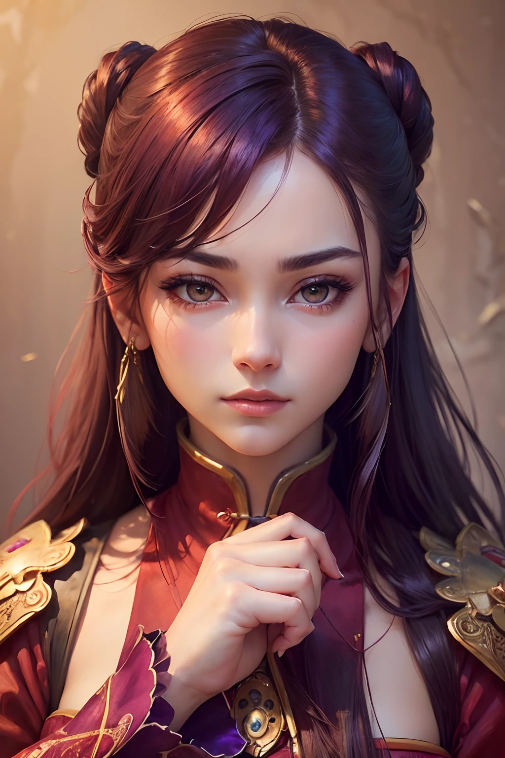 (Master Parts, beautiful art, Best Quality:1.4), Close-up portrait of a woman in (red:1.0) E (Purple:1.1) doress, (Perfect beautiful face:1.2),perfect fingers、sadness