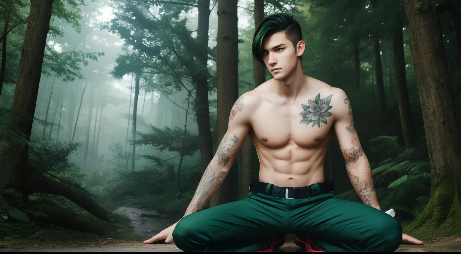 Anime, young male, forest, teenage, screensaver, caucassian masculine square face, green dark hair, cargo pants, topless, best quality, kneel, tattoo