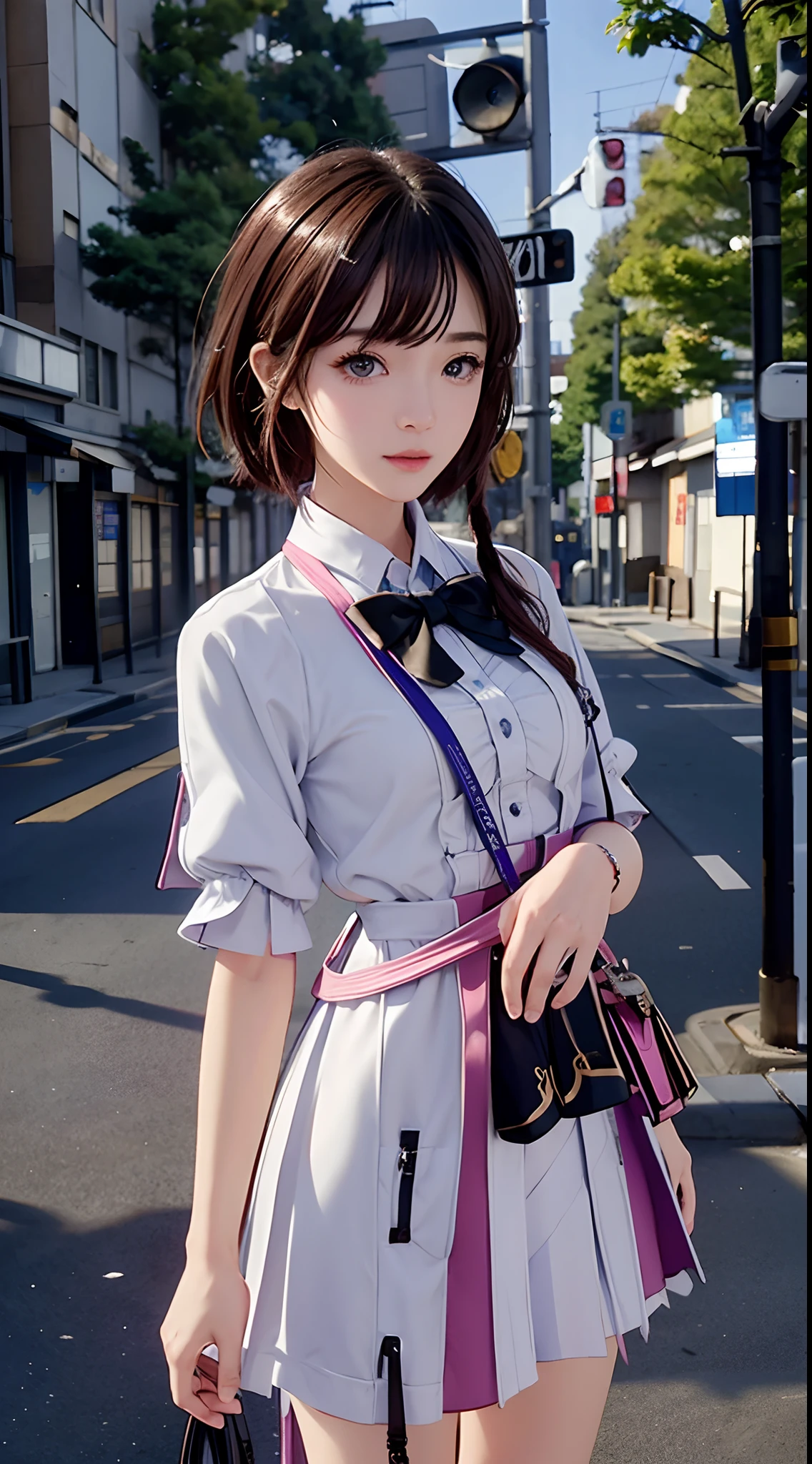 ​masterpiece、1 Beautiful Girl、A detailed face、A detailed eye、Detailed skin、top-quality、japanes、Illuminated from the front with bright lighting、profetional lighting、Always face straight ahead、The background is a little blurry、Black schoolgirl uniform。hair color is black、short-hair、Street trees and traffic lights are reflected in the background、Only the background is anime-like、