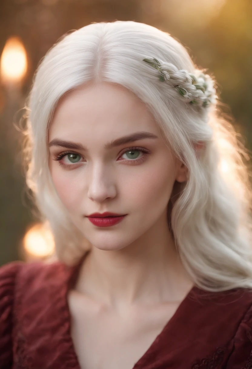 (((A deep reddish wound crosses her left cheek))) Fair complexion, Female about 19 years old, natural white hair, Distinctive green eyes, Wearing Kohl, slender and graceful, Beautiful, Candles in a medieval setting, ultra sharp focus, realistic shot, Medieval women's clothing, Notebook colors (scar:1.4)