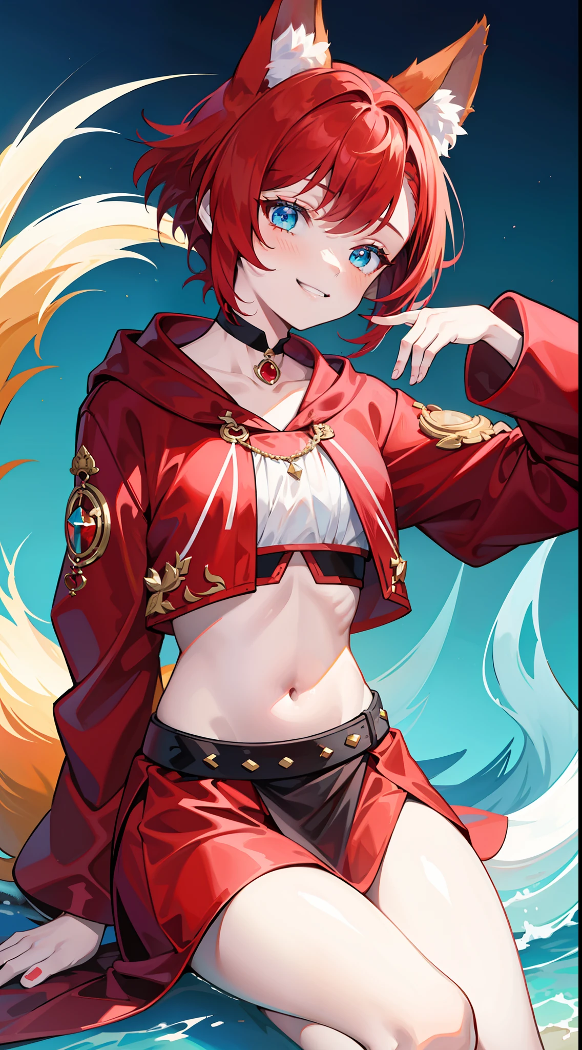 young girl, short red hair, high ponytail, Cyan eyes, Red Old Slavonic robe, open belly, ssmile, Fox ears, Fox tails, Masterpiece, hiquality, high detail, HD, 4k