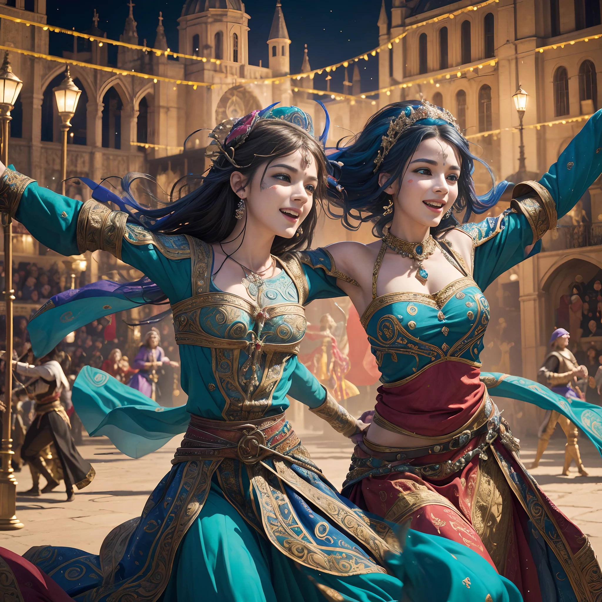 musical, vibrant abstraction of a medieval festival, dynamic dancers twirl amidst a sea of vivid, (highly detailed face:1.5), swirling hues, evoking joy and movement, Full of dreams and hopes, National Theatre, Various kinds of colorful lights, audience, (Masterpiece), 8K, (Best Quality), Ultra high details