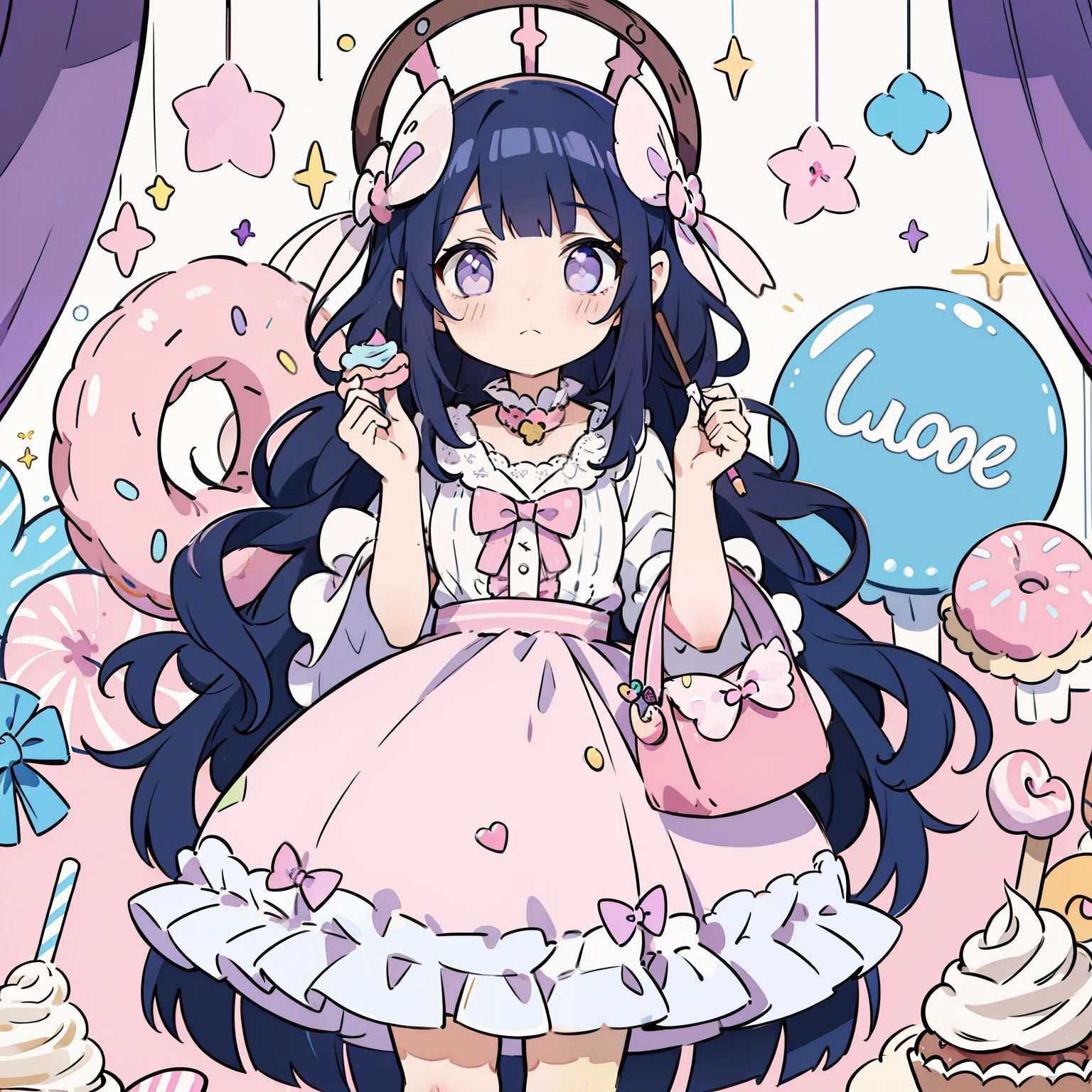 1girl, pastel muted colors, (color palette is purple:1.2, blue:1.2, pink:1.2), sitted in a throne made out of sweets and pastries, for example donuts, sprinkles, candy, lollipops, candycane, cake, cupcakes, cakepops, frills and lace, polka dot patterns, long bat ears,Blunt Bangs, purple eyes,long wavy dark blue hair