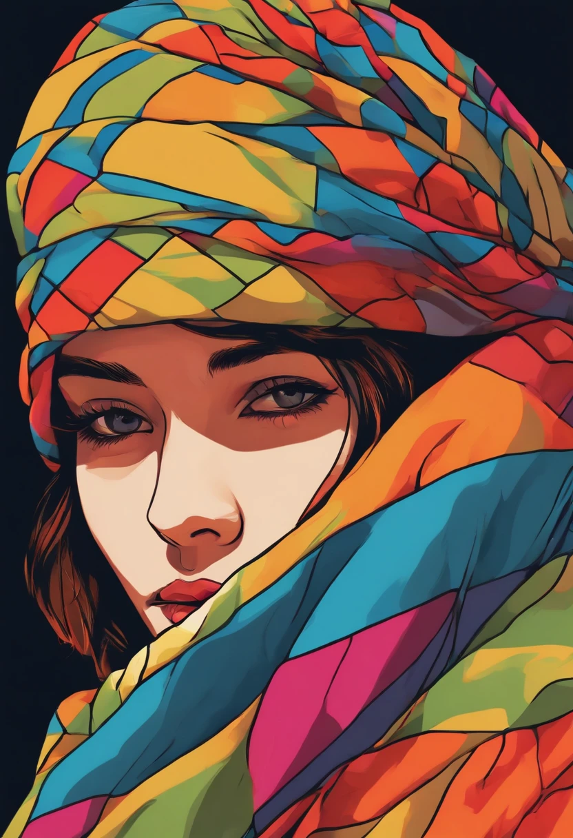 Close-up professional photo of a young woman wrapped in colorful warm quilt, cel shading, bold outlines, Flat colors, Sharp shadows, Graphic style, (manga influence:1.3), clean linework, striking visual effects,comic strip