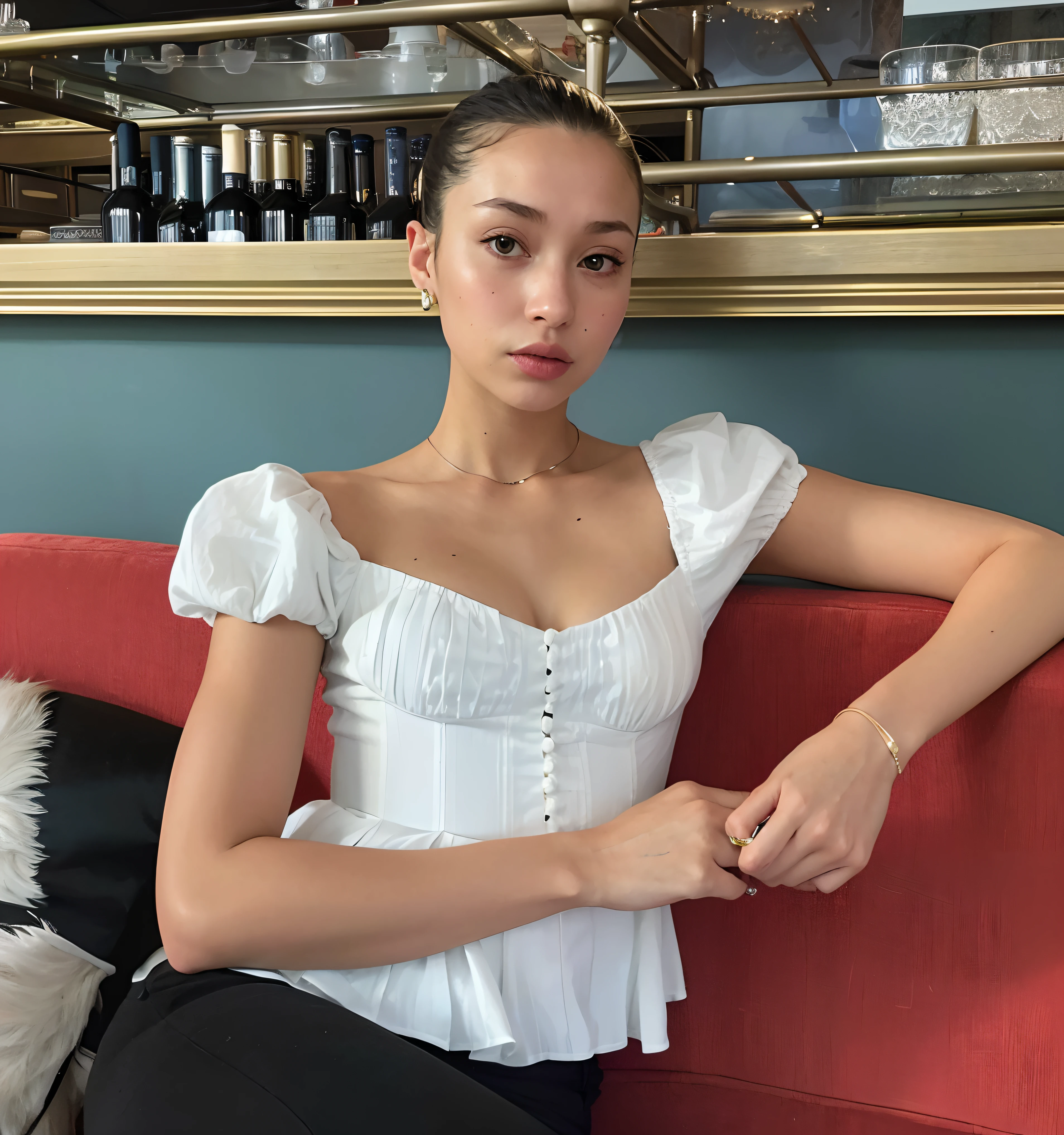arafed woman sitting on a red couch in a room, puff sleeves, portrait sophie mudd, white top, white blouse, wearing a cute top, wearing a white blouse, wearing a white button up shirt, wearing a blouse, bella hadid, dressed in a white t shirt, ruched bodice, wearing a cropped top, white puffy outfit