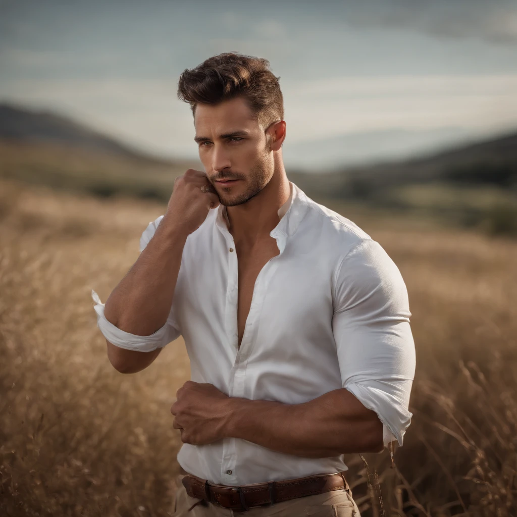 realistic, masterpiece, best quality, natural lighting, soft shadow, insane detail, detailed background, professional photography, depth of field, intricate, detailed face, subsurface scattering, realistic hair, realistic eyes, muscular, masculine, large pectorals, photo of a handsome man, clothmancer, white cloth, outdoors, grass field, nude, convenient censoring, sunset, dynamic pose,