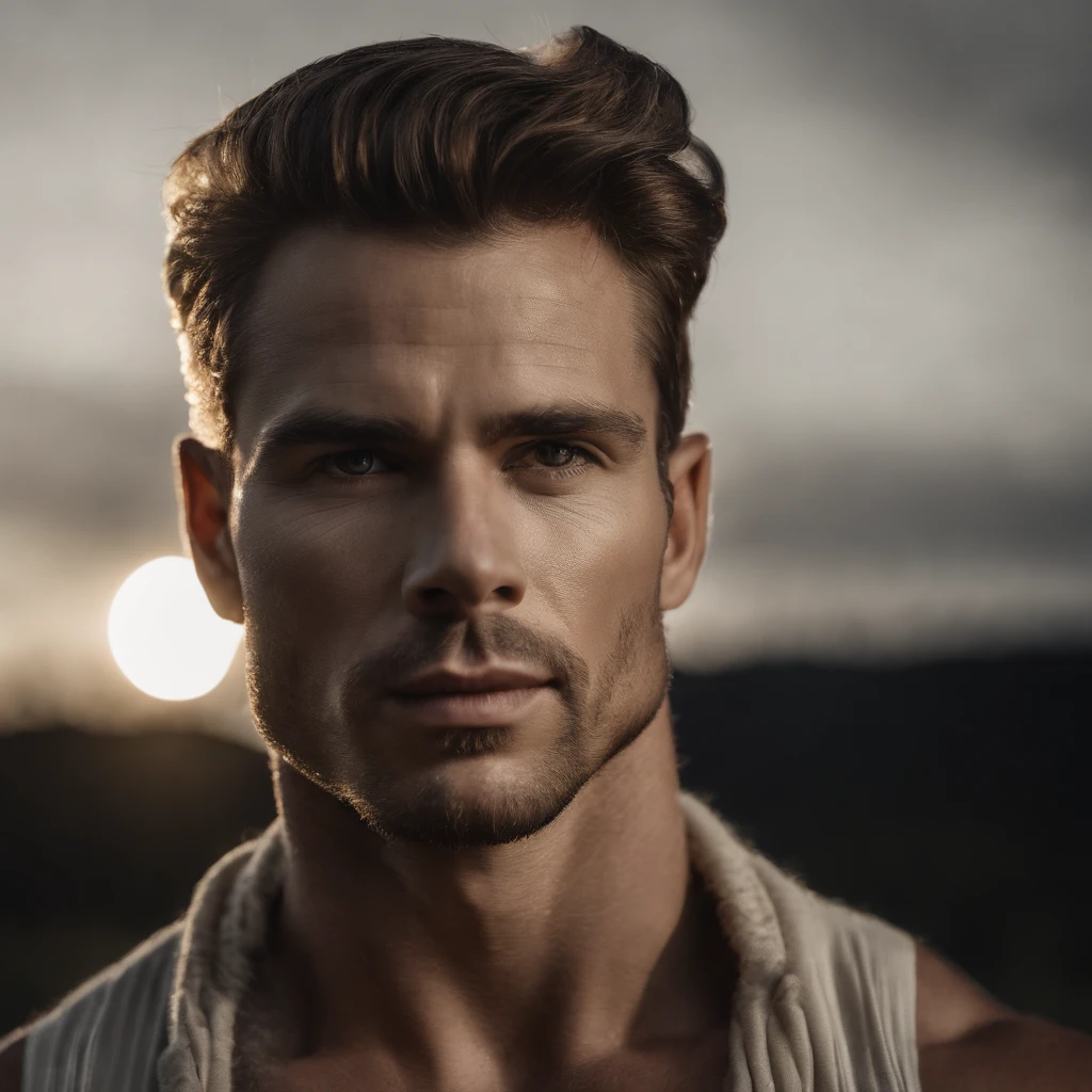 realistic, masterpiece, best quality, natural lighting, soft shadow, insane detail, detailed background, professional photography, depth of field, intricate, detailed face, subsurface scattering, realistic hair, realistic eyes, muscular, masculine, large pectorals, photo of a handsome man, clothmancer, white cloth, outdoors, grass field, nude, convenient censoring, sunset, dynamic pose,