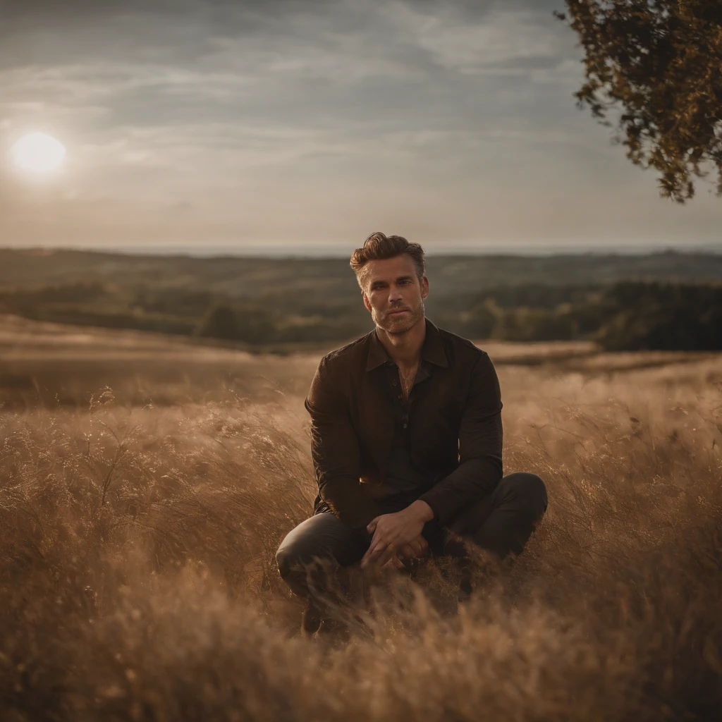 realistic, masterpiece, best quality, natural lighting, soft shadow, insane detail, detailed background, professional photography, depth of field, intricate, detailed face, subsurface scattering, realistic hair, realistic eyes, muscular, masculine, large pectorals, photo of a handsome man, clothmancer, white cloth, outdoors, grass field, nude, convenient censoring, sunset, dynamic pose,