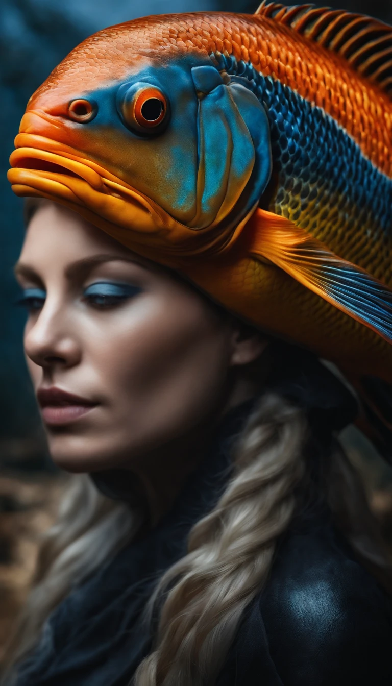 This is a composite photo of a woman and a fish head，very realistic，The head is blue and orange，Has a white belly and yellow eyes，The head of the fish has a large mouth，There are pointed teeth inside，There is also a long dorsal fin，The woman's body can be seen from the neck down，The whole body is covered with blue and orange scales，The woman's hair is blonde，Hanging down on her back，background is black，