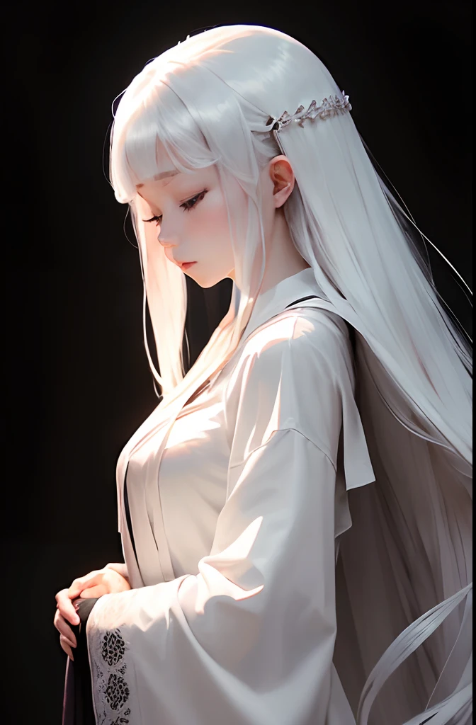 (((A woman faintly present in the dark)))、top-quality、masutepiece、portlate、parfect anatomy、albino、(((独奏)))、Beautuful Women、Extraordinary beauty、30-years old、Silky silver hair、length hair、((Close your eyes:1.3))、((Wizard-style white robe))、Freezing、Standing、Arms in front of chest、((Black background:1.3)))