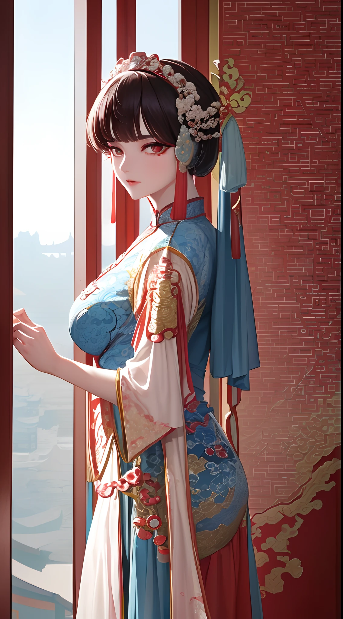 (A girl,Solo,Wearing Peking Opera costumes:1.45),Intricate crown and embroidered costumes,Simple brush strokes, Simple style, Clean visuals, Beautiful girls, Incredibly beautiful,Splash ink landscape painting as background