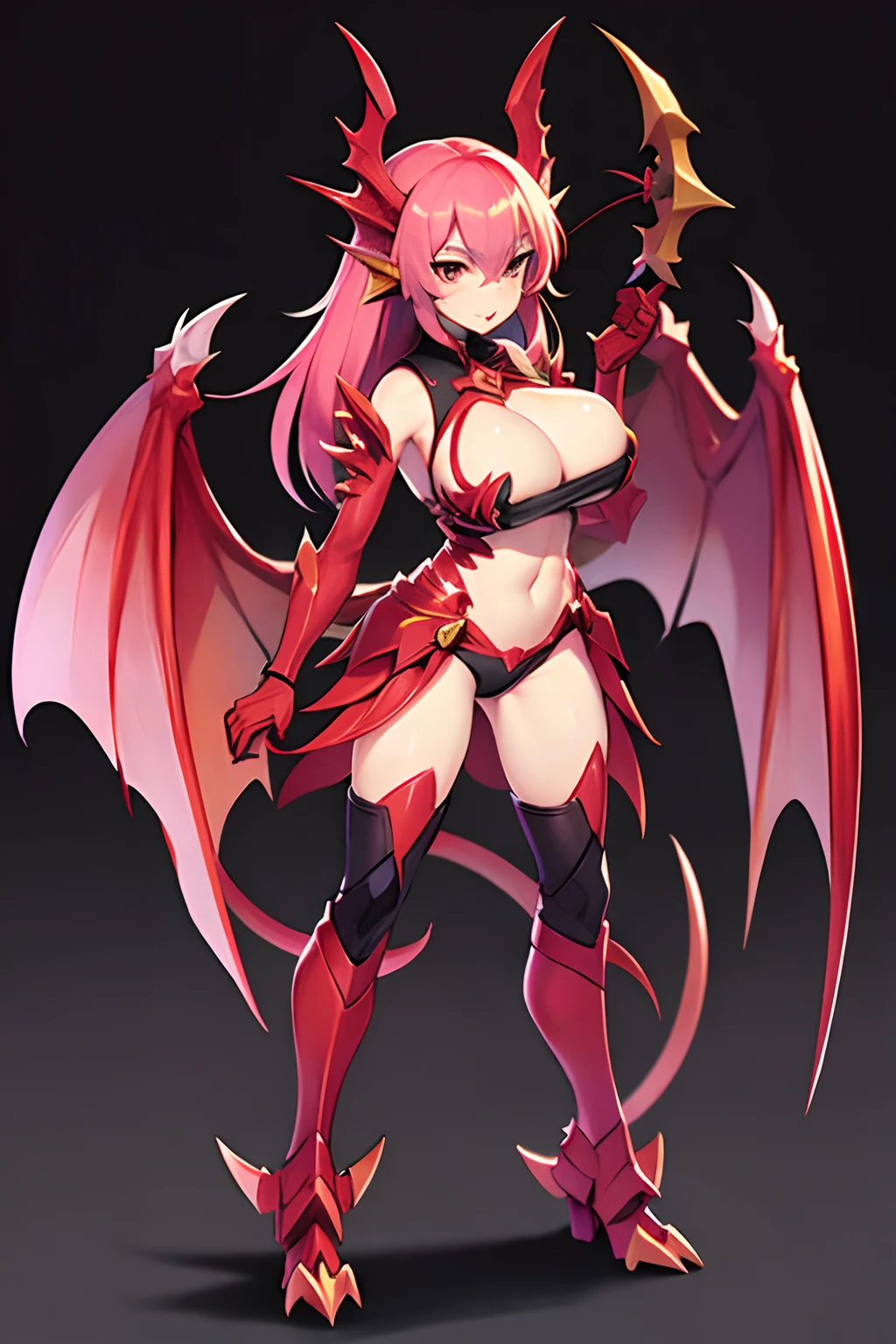 Red Dragon Queen(Red wings and tail.) pink hair ,large boobs,Aggressive face,Stand balanced.,full body image,RAW photo, Black background