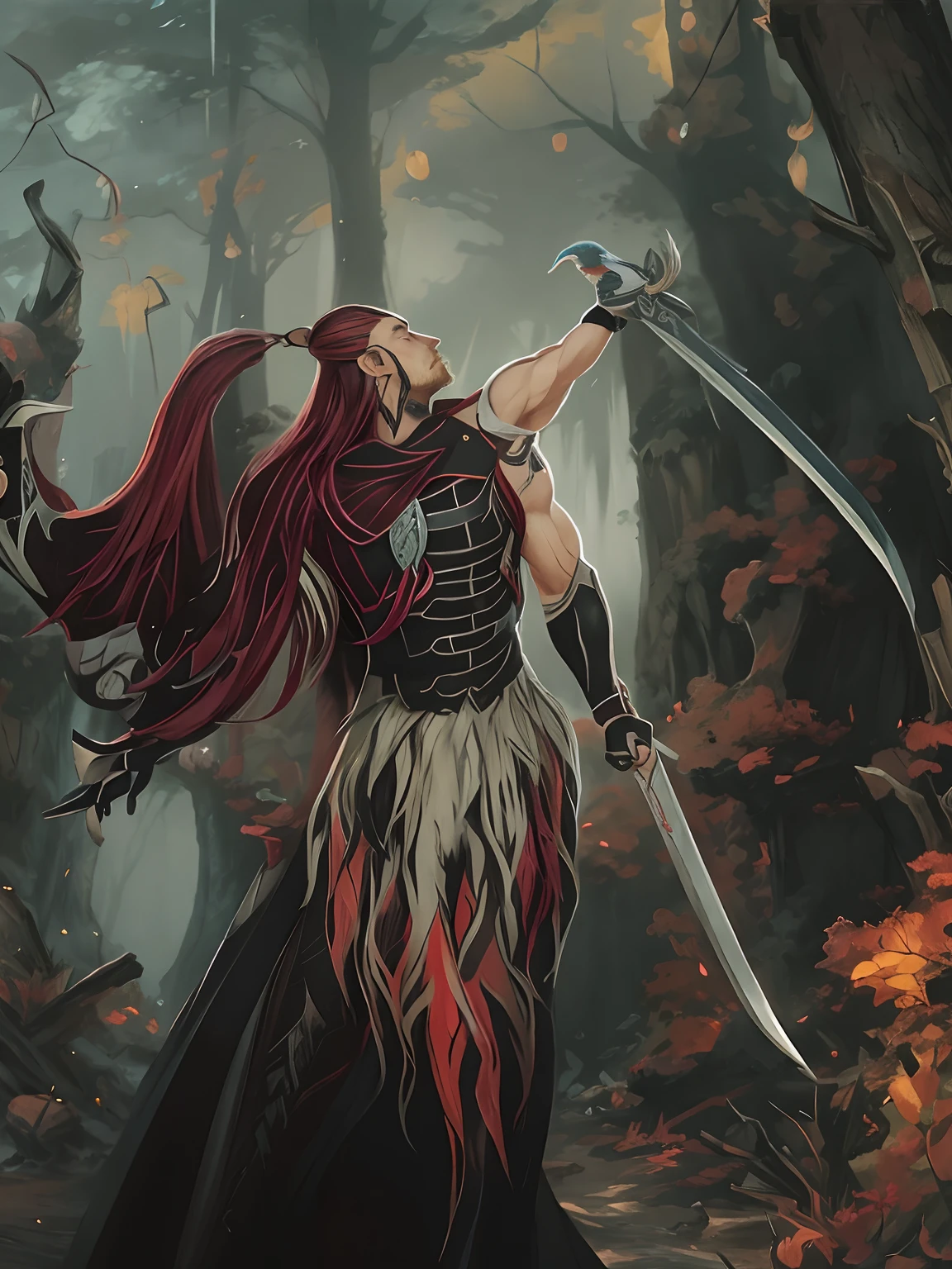 there is a longhaired bulky warrior with a sword and a bird in the woods, detailed digital 2d fantasy art, spirit fantasy concept art, digital 2d fantasy art, epic fantasy art style, painted in the style arcane, epic fantasy digital art style, onmyoji detailed art, magical fantasy 2 d concept art, style of duelyst, painted as a game concept art, high details, fire