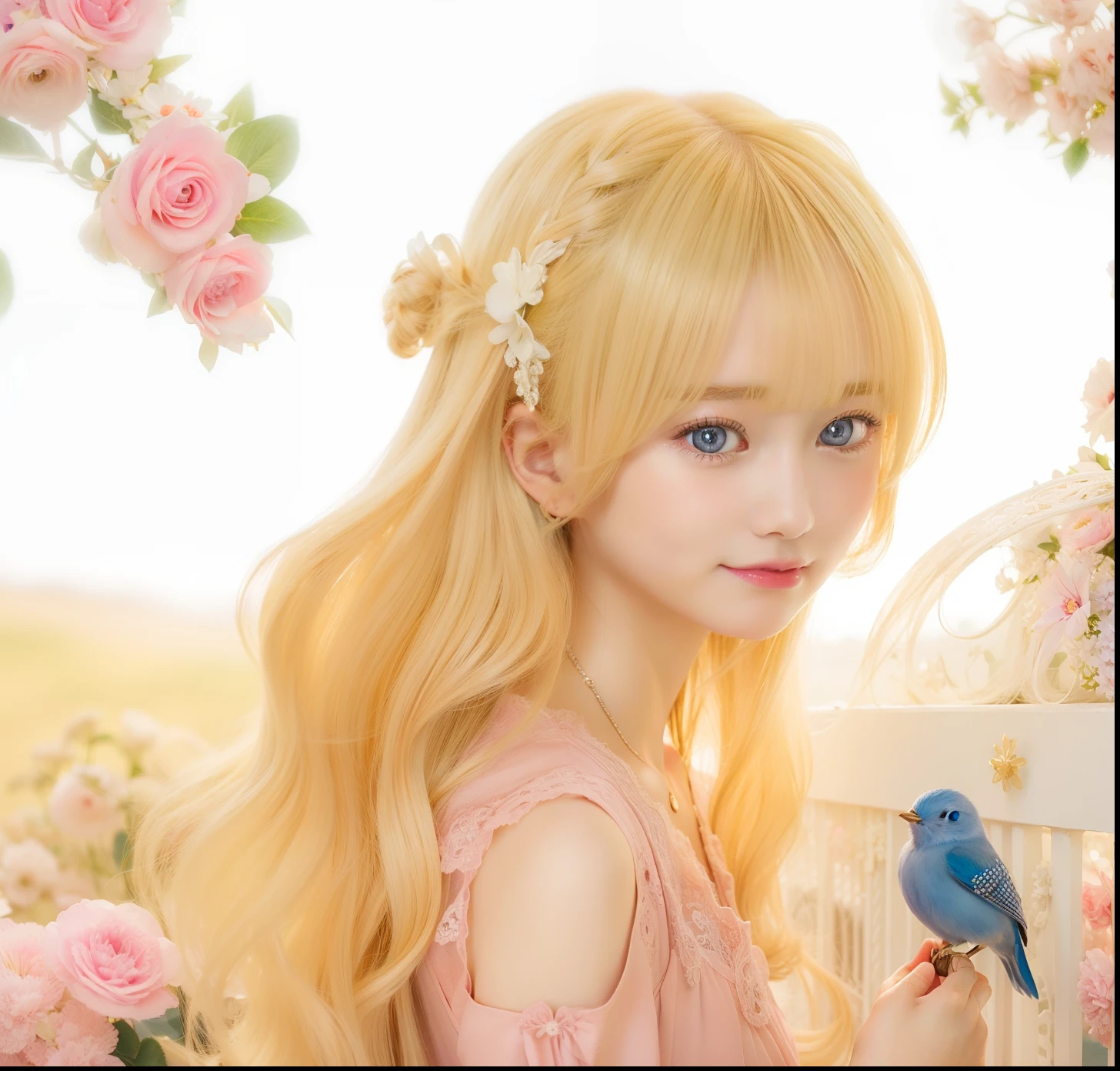 1girl, Athanasia de alger obelia, manhwa, blonde hair, jewel blue eyes, realistic, ultra detail, 70mm lens, smiles, hold the blue bird, dress pink, not cute but beautiful, and model Loose Curls hair.