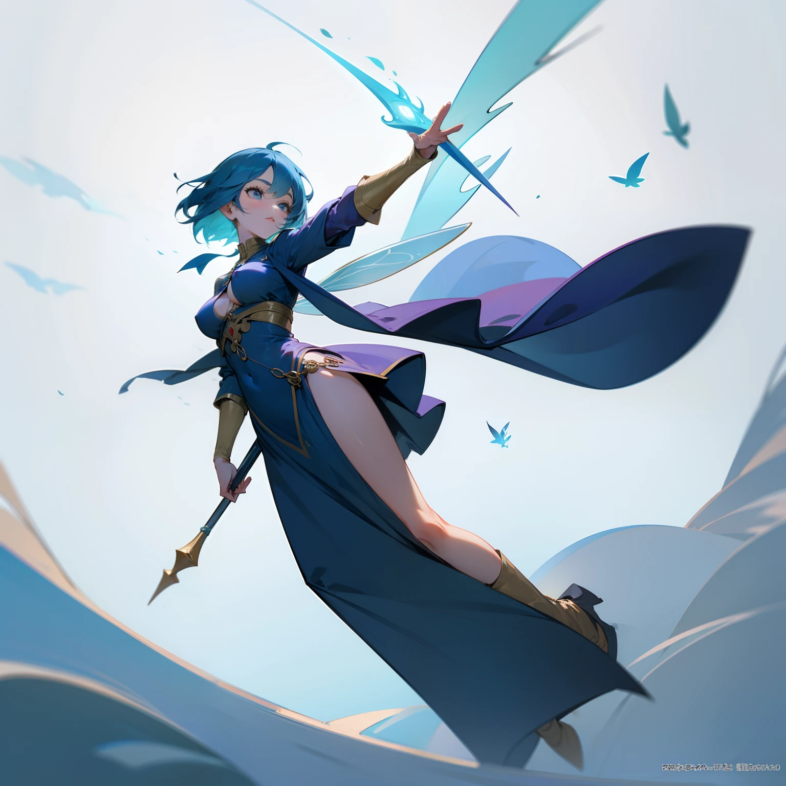 Floating Medieval flying fairy face straight toward camera medium size boobs 25 years old adult pretty beautiful eye full body wearing figure medieval clothes design blue short hair