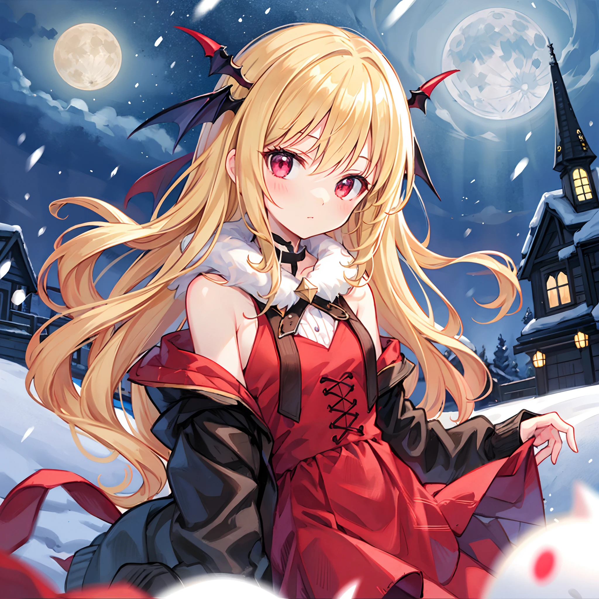 Wavy blonde、Vampire、red eyes、Beautiful girl alone、doress、a moon、snowfall
