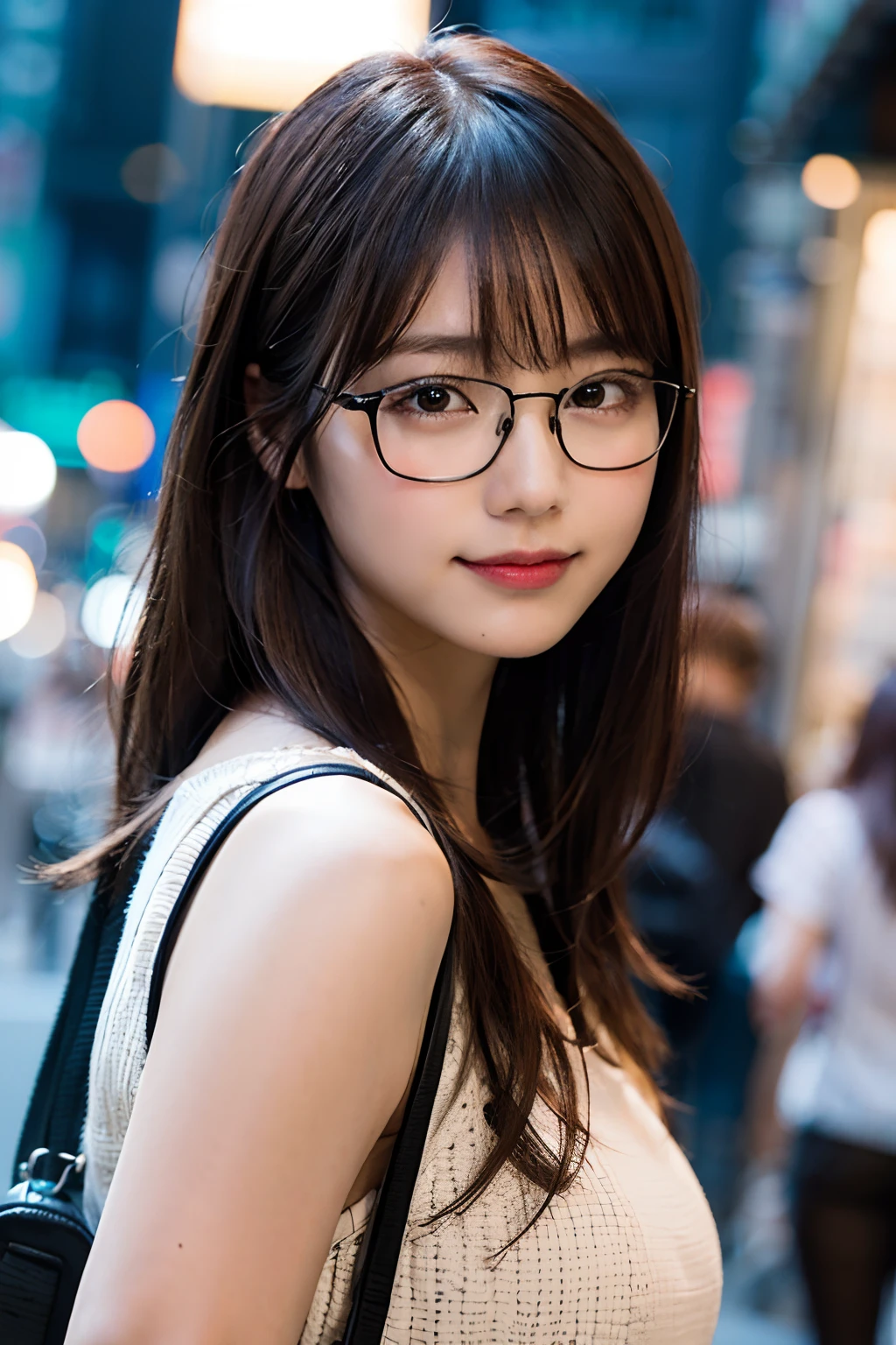 (8K、Raw photography、top-quality、masterpiece:1.2)、(realisitic、Photorealsitic:1.37)、ultra-detailliert、超A high resolution、女の子1人、see the beholder、beautifull detailed face、A smile、Constriction、(Slim waist) :1.3)、White summer clothes、Beautiful detailed skin、Skin Texture、Floating hair、Braided hair、Professional Lighting、Downtown at night、((Black square glasses )) 、Whole human body、Brown hair