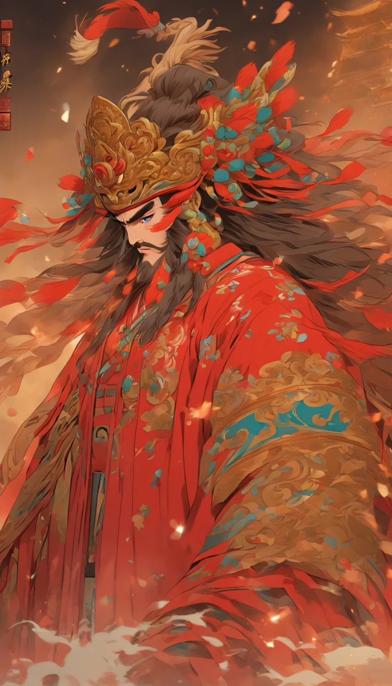 China-style，Chinese drama，Peking Opera costumes，Guan Yu costume，Drama Facebook，red colour，中景 the scene is，super-fine，ultra - detailed，high qulity，8K ，Sharply focus the eyes，highly detailed surreal vfx，oc rendered， - AR 16:9 --q 2 --s 1000
