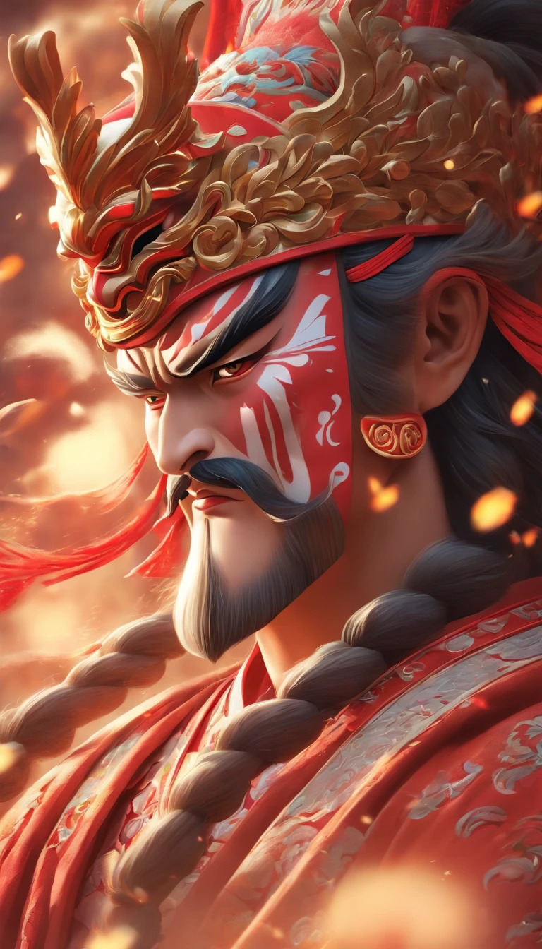 China-style，Chinese drama，Peking Opera costumes，Guan Yu costume，Drama Facebook，red colour，中景 the scene is，super-fine，ultra - detailed，high qulity，8K ，Sharply focus the eyes，highly detailed surreal vfx，oc rendered， - AR 16:9 --q 2 --s 1000