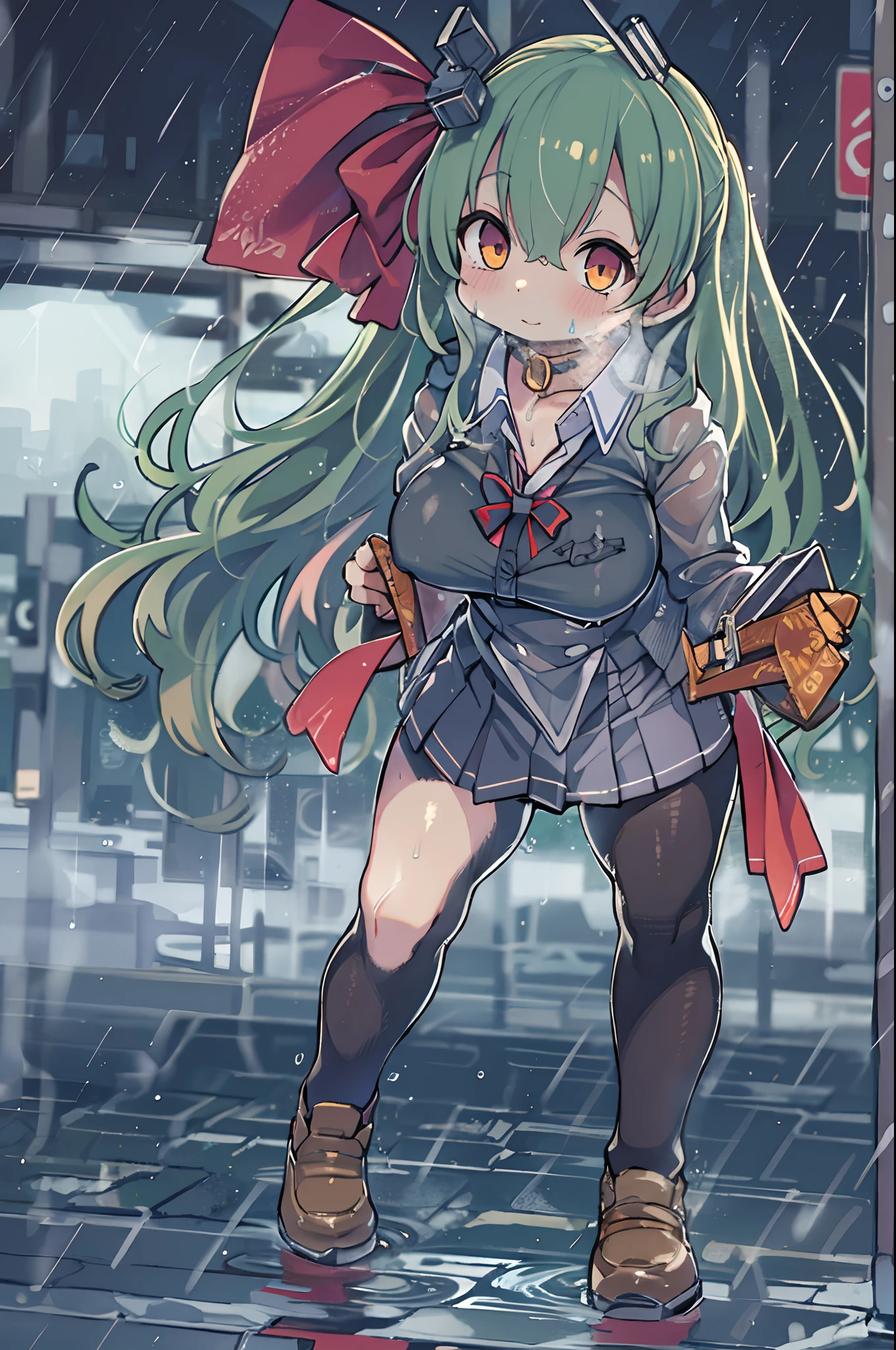 Best Quality, hight resolution, absurderes, Ultra-detailed, Suzuya_(kancolle), 1girl in, long_hair, Skirt, Solo, Shirt, Rain, Wet_Clothes, hair_ornament detached, Wet, Underwear, pleats_Skirt, See-through, bowtie, Red_Bow、bbw、thick thight、big butts、Ultramammy