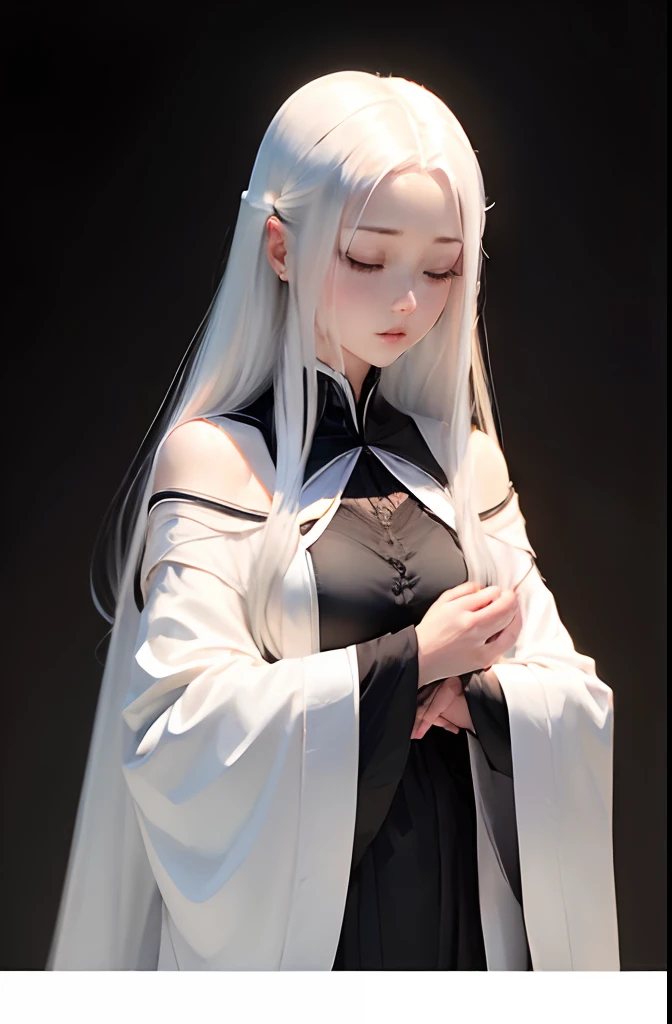 (((A woman faintly present in the dark)))、top-quality、masutepiece、portlate、parfect anatomy、albino、(((独奏)))、Beautuful Women、Extraordinary beauty、30-years old、Silky silver hair、length hair、((Close your eyes:1.3))、((Wizard-style white robe))、Freezing、Standing、Arms in front of chest、((Black background:1.3)))