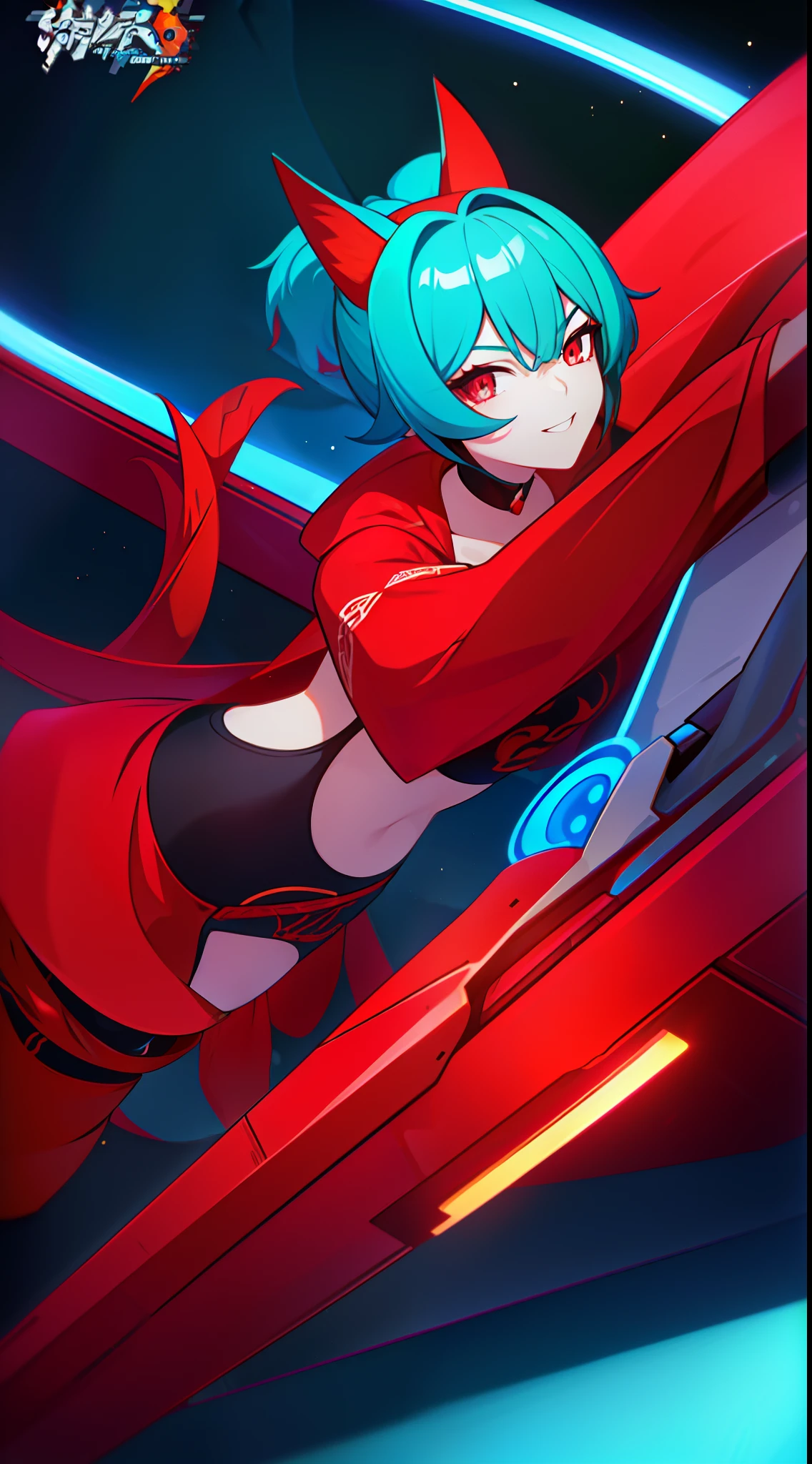 young girl, short red hair, high ponytail, Cyan eyes, Red Old Slavonic robe, open belly, ssmile, Fox ears, Fox tails, Masterpiece, hiquality, high detail, HD, 4k