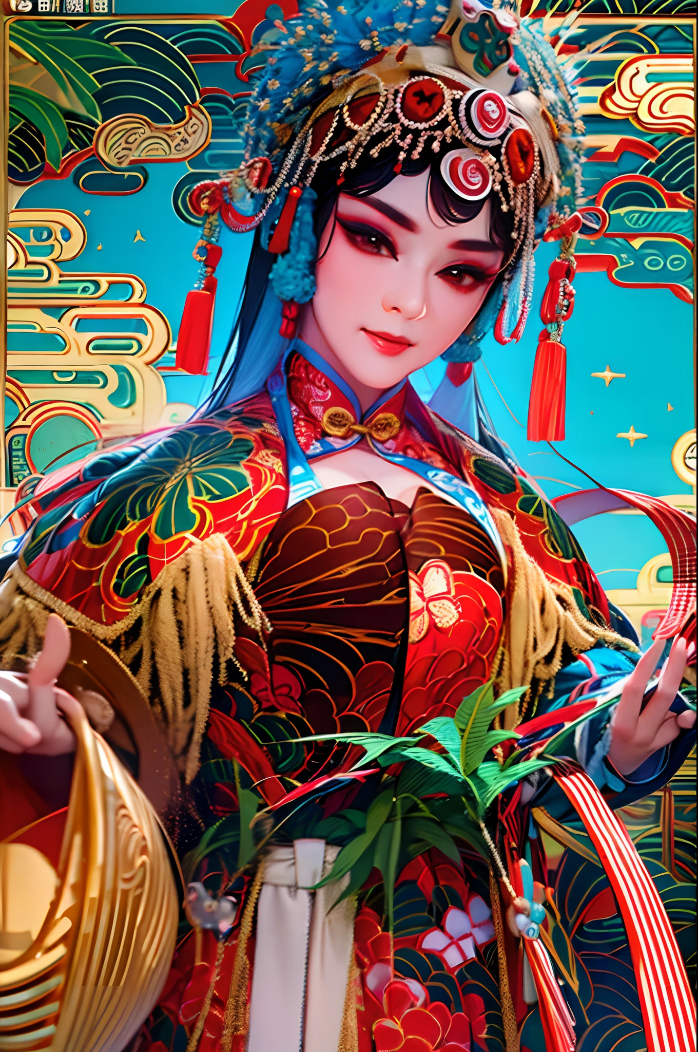 China-style，Chinese drama，Peking Opera costumes，Guan Yu costume，Drama Facebook，red colour，closeup cleavage，super-fine，ultra - detailed，high qulity，8K ，Sharply focus the eyes，highly detailed surreal vfx，oc rendered， - AR 16:9 --q 2 --s 1000