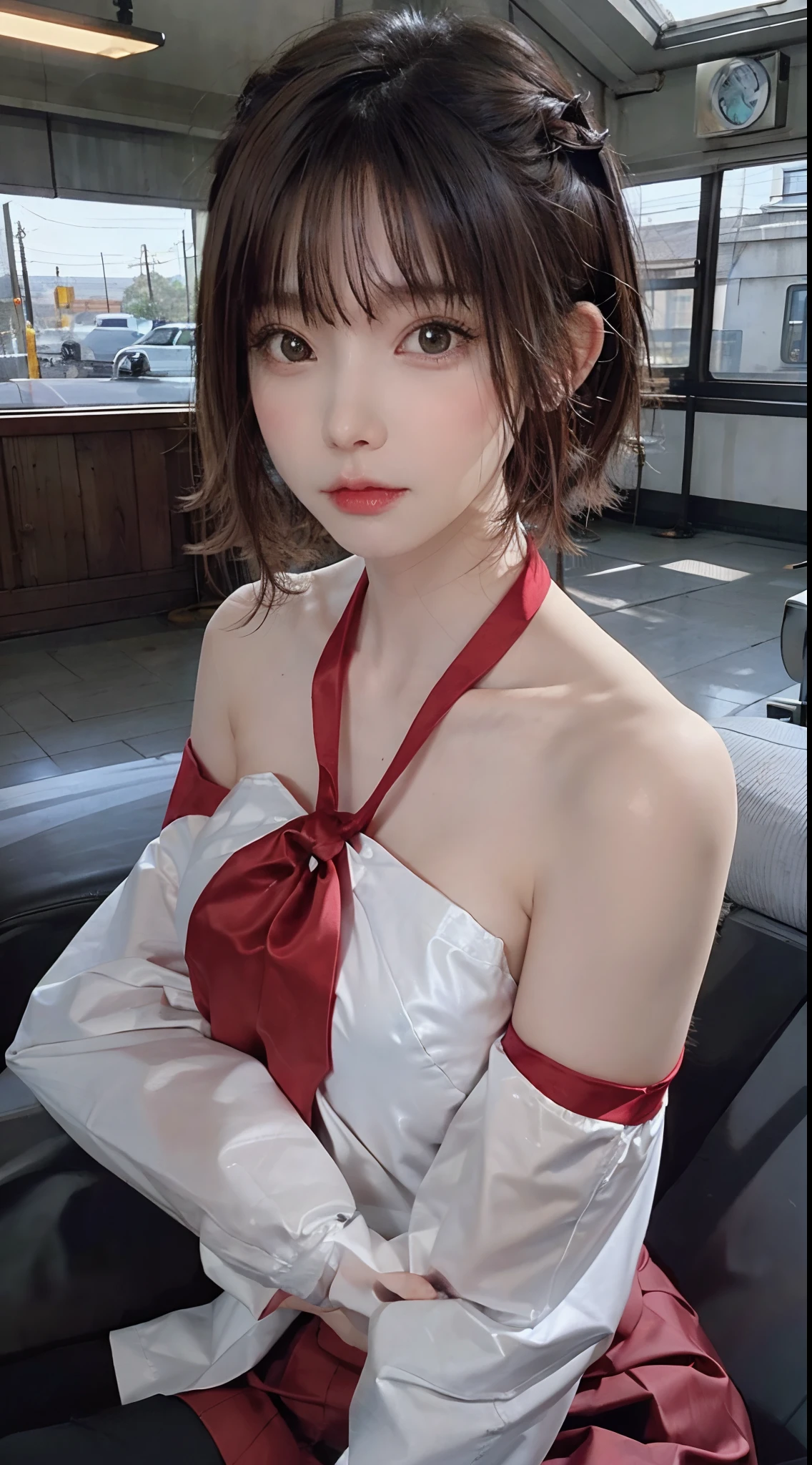 (masterpiece、top-quality、absurderes:1.3)、illustratio、Medium bob、(pov hand)、grabbing on breasts、Cute s、Write、The upper part of the body、shorth hair、Loose red shirt、a bed、Perfect human body