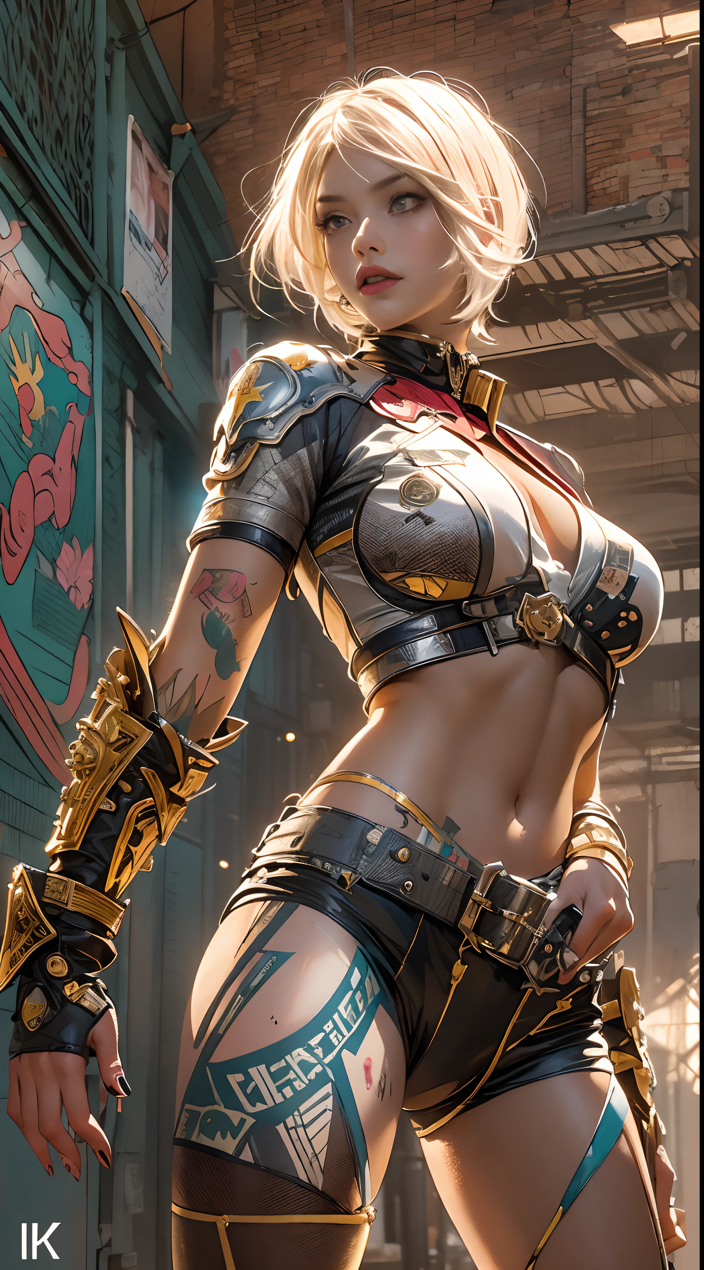 ((top-quality、8K、32K、masterpiece、nffsw:1.3)), (superfine illustration)、(超A high resolution), (((adult body))), (((1girl in))), ((( Bob Shorthair ))), 25-year-old cyberpunk gladiator with a perfect body, Shoulder pads with metal spines, Gladiadores in Brooklyn, (( Bob Shorthair )), Small leather panties, Torn rugby team shirt, Almost naked in Simon Bisley's urban savage style, short blond hair, Minimum clothing, Metal protection on the left arm with complex graphics, Dark red with white stars and blue and white stripes, s Armor, Full of tips and rivets, Poison tattoo (((Image from the knee up))), short white blonde hair, In the background、 There is a wall with an intricate design painted by Shepard Fairey