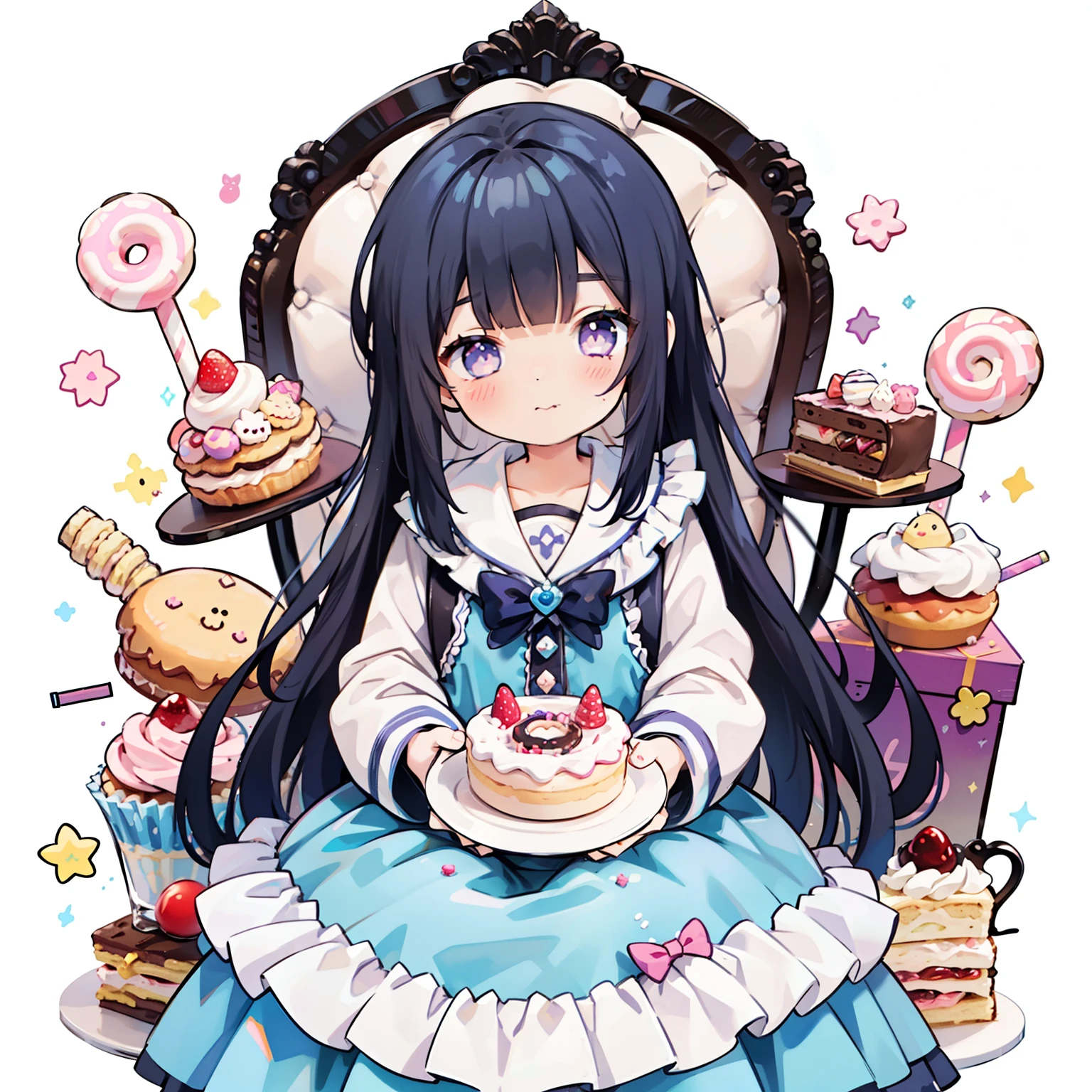 1girl in, ((alice in the wonderland))、long dark blue Hair、fluffy hair、purple eyes、cute little、Alice、Pastel muted colors, Sitting on a throne made of sweets and pastries, For example, donut, sprinkle, candy, lollipop, candy cane, a cake, cupcake, Cake Pop, Ruffles and lace, polka dot, Blunt Bangs