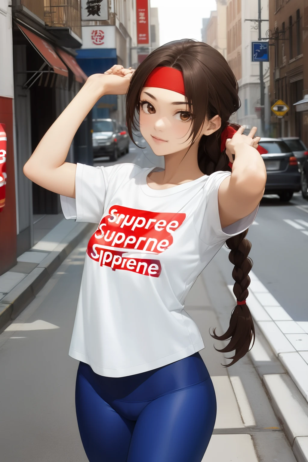 ((masterpiece:1.2, best quality)), yuri sakazaki, 1girl, braided ponytail, long hair, brown hair, brown eyes, red headband, white t-shirt, streetwear, (supreme t-shirt:1.4), blue yoga pants, looking at viewer, straight, mature, Street, alleyroad, supreme logo