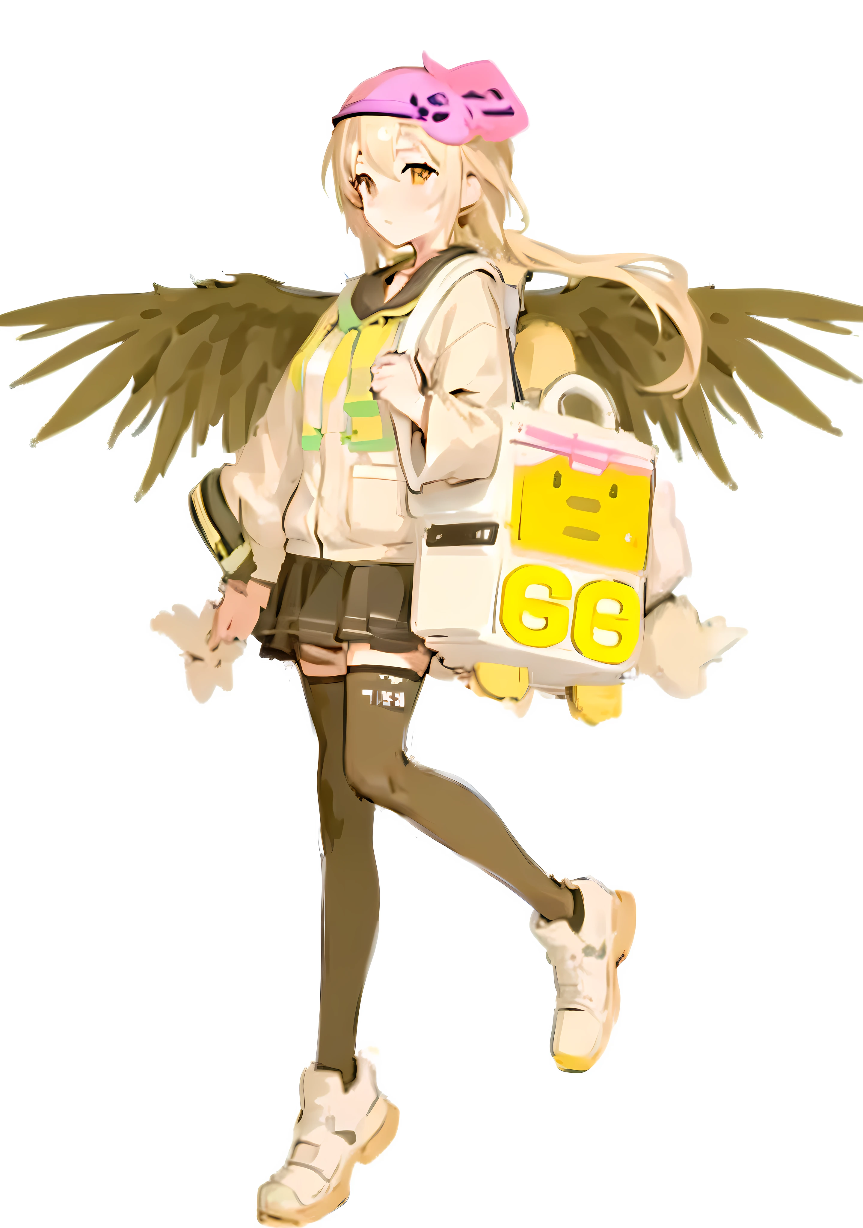 Anime girl with a backpack walking with wings and a bag, guweiz, Girls Frontline CG, Girls Frontline Style, G-Station, from girls frontline, pixiv 3dcg, trending in CGSTATION, April's renders, Girls Frontline Universe, pixiv style, CGCOSIETY, kagamine rin, lolth, girls frontline, e - girl