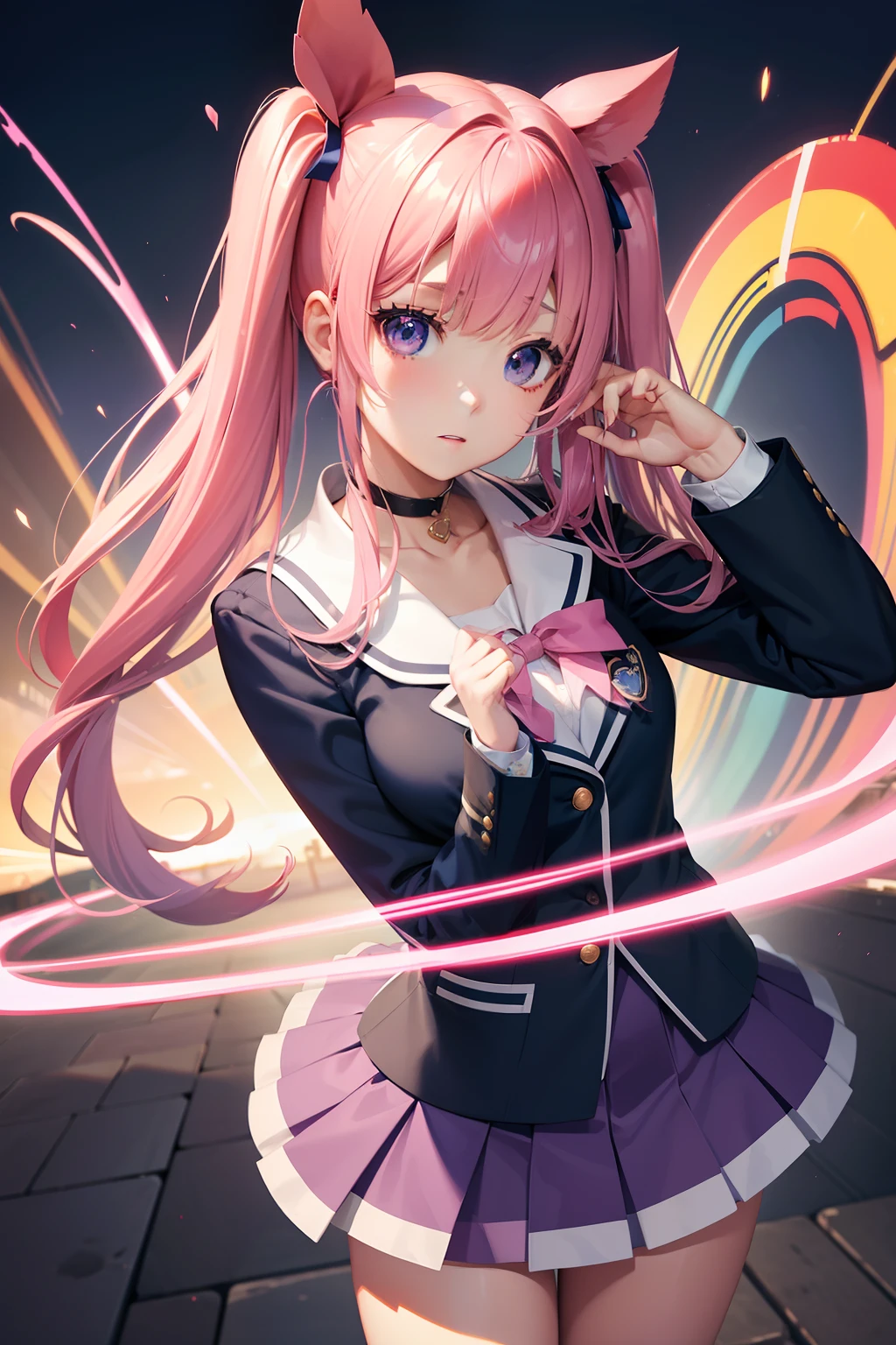 High school girl with beautiful eyes、High School Uniform、Dark blue blazer、Pink skirt、Pink ribbon、Heart-shaped choker、long hair with pink twin tails,、Schools、独奏、gazing at viewer、rainbows、optic、。.。.3D、hight resolution、top-quality、full body Esbian、8K Character Concept、32K、pixiv、illustratio、 ultra-detailliert、hyperdetailed face、Megapixel、 Ultra High Definition HDR、Clair、Overdecoration、● S180 - Rainbow 5