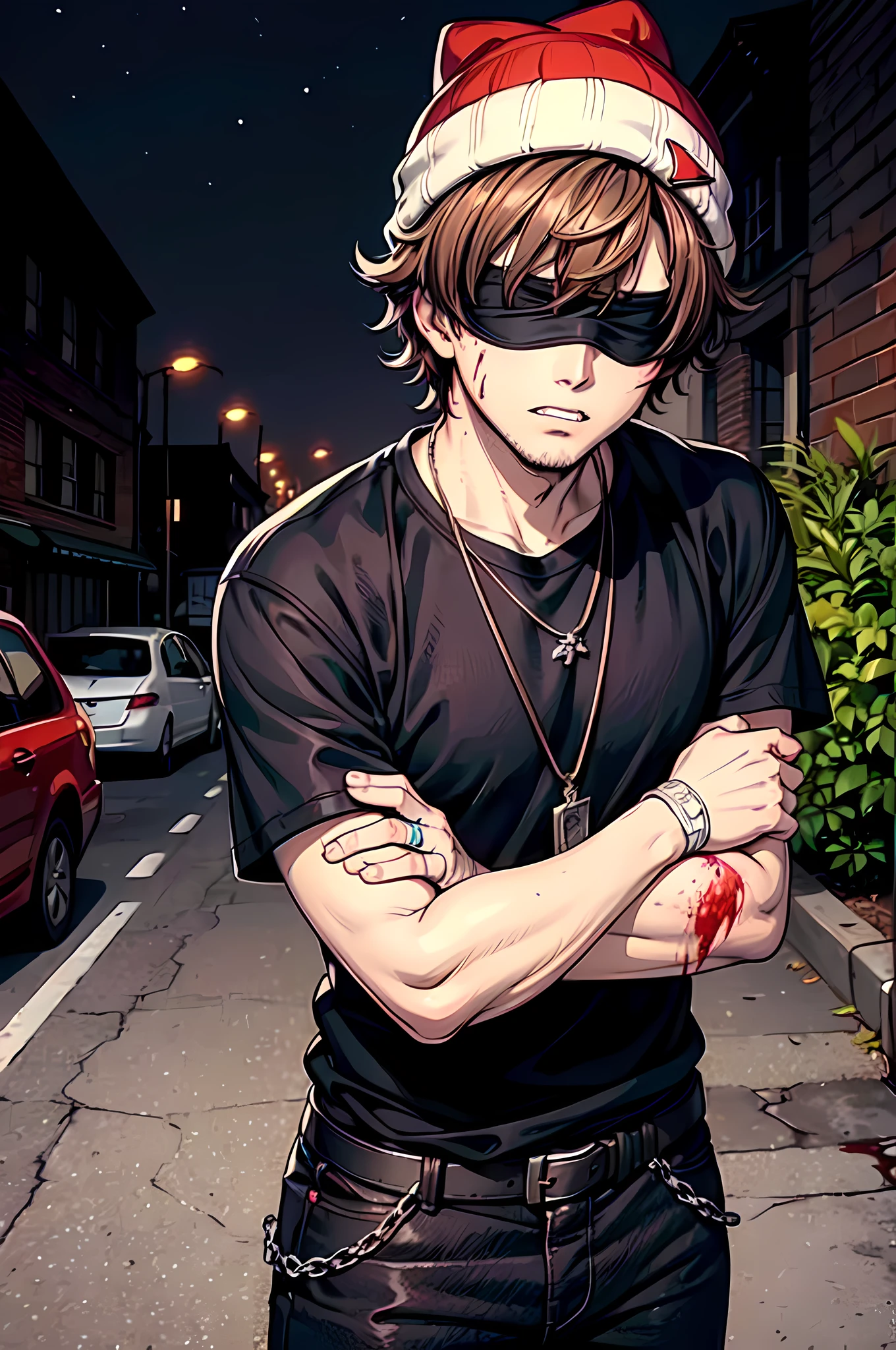 best quality,masterpiece,original,extremely detailed wallpaper,looking at viewer,1boy,solo,male,male focus,brown hair,messy hair,short hair,black pants,cat beanie,blindfold,standing,clenched_teeth,chain necklace,black jersey,(blood on bandaged_arm),street, big sword, night,