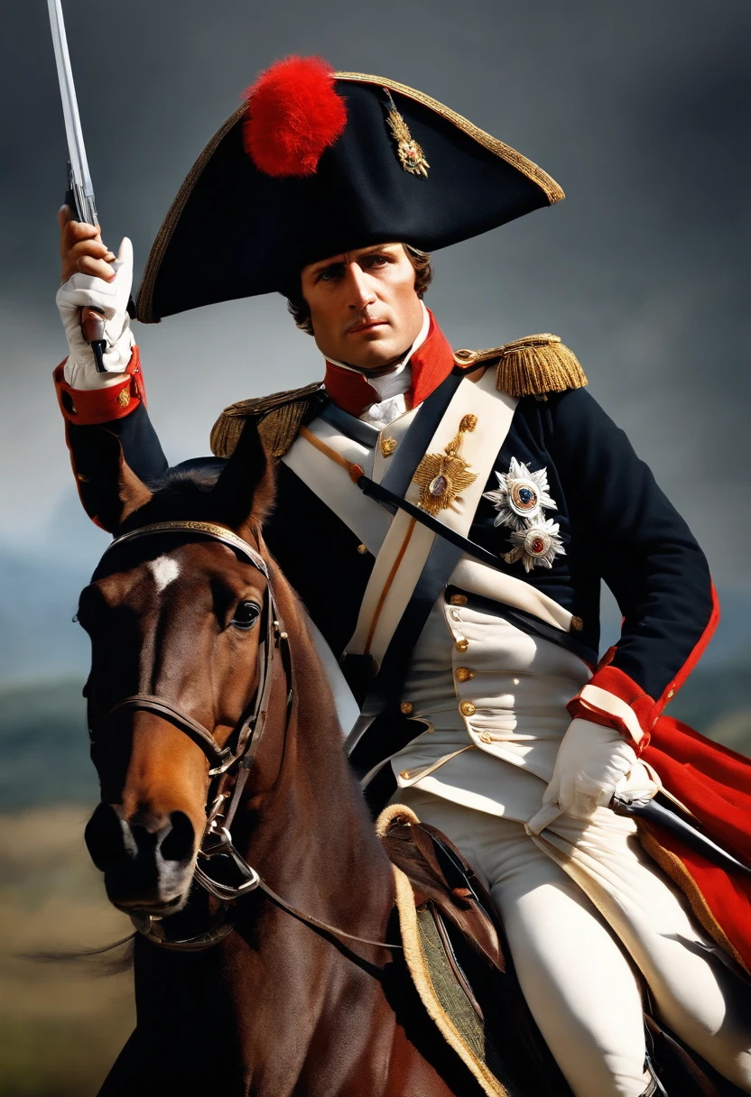 Create an image of Napoleon Bonaparte in realistic style, com detalhes minuciosos em seu rosto e uniforme, portraying him in a leadership pose, com o horizonte ao fundo representando suas conquistas militares.