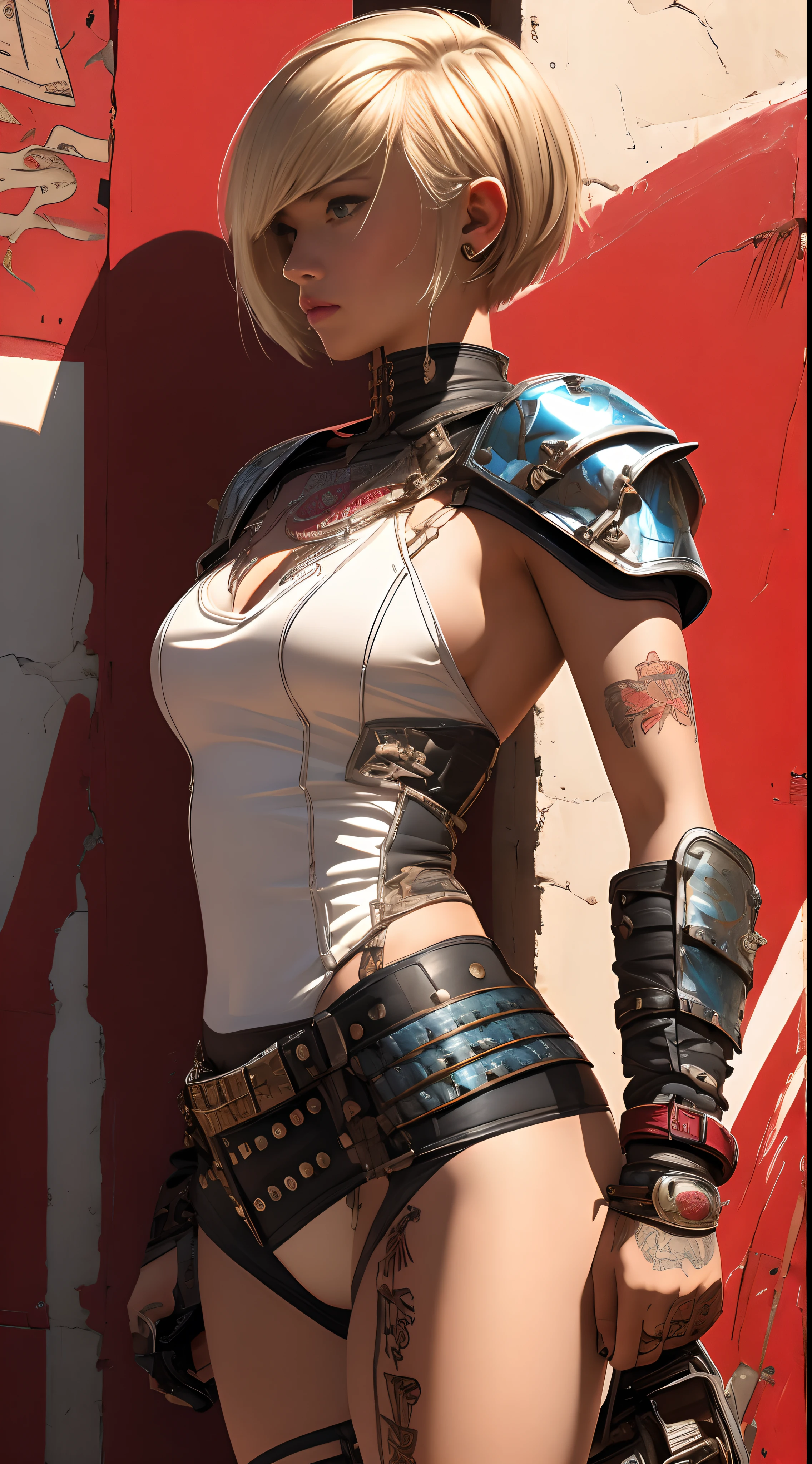 ((top-quality、8K、32K、​masterpiece、nffsw:1.3)), (superfine illustration)、(超A high resolution), (((adult body))), (((1girl in))), ((( Bob Shorthair ))), 25-year-old cyberpunk gladiator with a perfect body, Shoulder pads with metal spines, Gladiadores in Brooklyn, (( Bob Shorthair )), Small leather panties, Torn rugby team shirt, Almost naked in Simon Bisley's urban savage style, short blond hair, Minimum clothing, Metal protection on the left arm with complex graphics, Dark red with white stars and blue and white stripes, s Armor, Full of tips and rivets, Poison tattoo (((Image from the knee up))), short white blonde hair, In the background、 There is a wall with an intricate design painted by Shepard Fairey