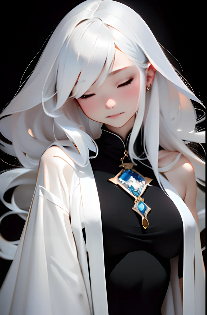 (((Faintly present woman in the dark)))、top-quality、masutepiece、portlate、parfect anatomy、albino、(((独奏)))、Beautuful Women、Extraordinary beauty、30-years old、Silky silver hair、length hair、((Close your eyes:1.3))、((Wizard-style white robe))、Freezing、Standing、Cross your fingers in front of your chest、((Black background:1.3)))