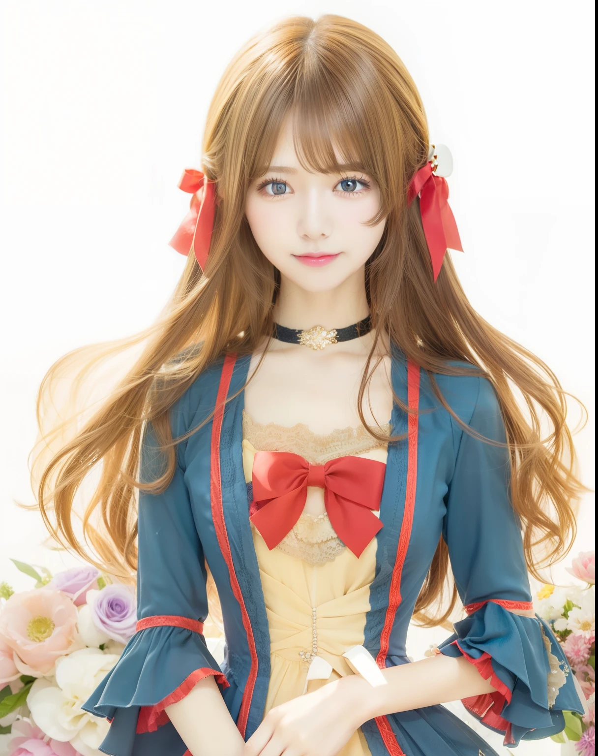 1girl, Jennette margarita, manhwa, Brown hair, straight hair, jewel blue eyes, realistic, ultra detail, 70mm lens, smiles, cute