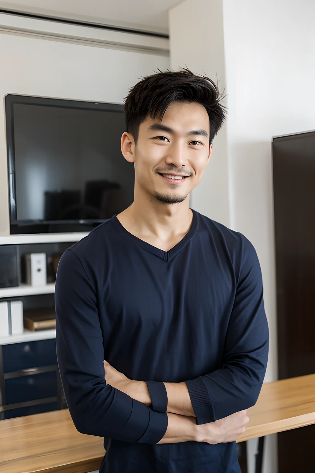 Perfect photo of a handsome Chinese man with eyes in front of desk,Looking into the distance,looking at you,Cross your arms over your chest,Smile and show your teeth;Frontal photo