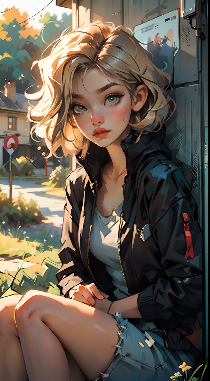 4K, high resolution, Best quality, Masterpiece, perfect, really warm colors, perfectly shaded, Perfect lighting, posted on e621, (by Jim Lee), masterpiece, digital paint, (close up, Cute girl, 20 years old, blond short hair, simplified eyes ), sucking a lollipop, sitting in the grass in a hide park in London. 1990s \(style\),