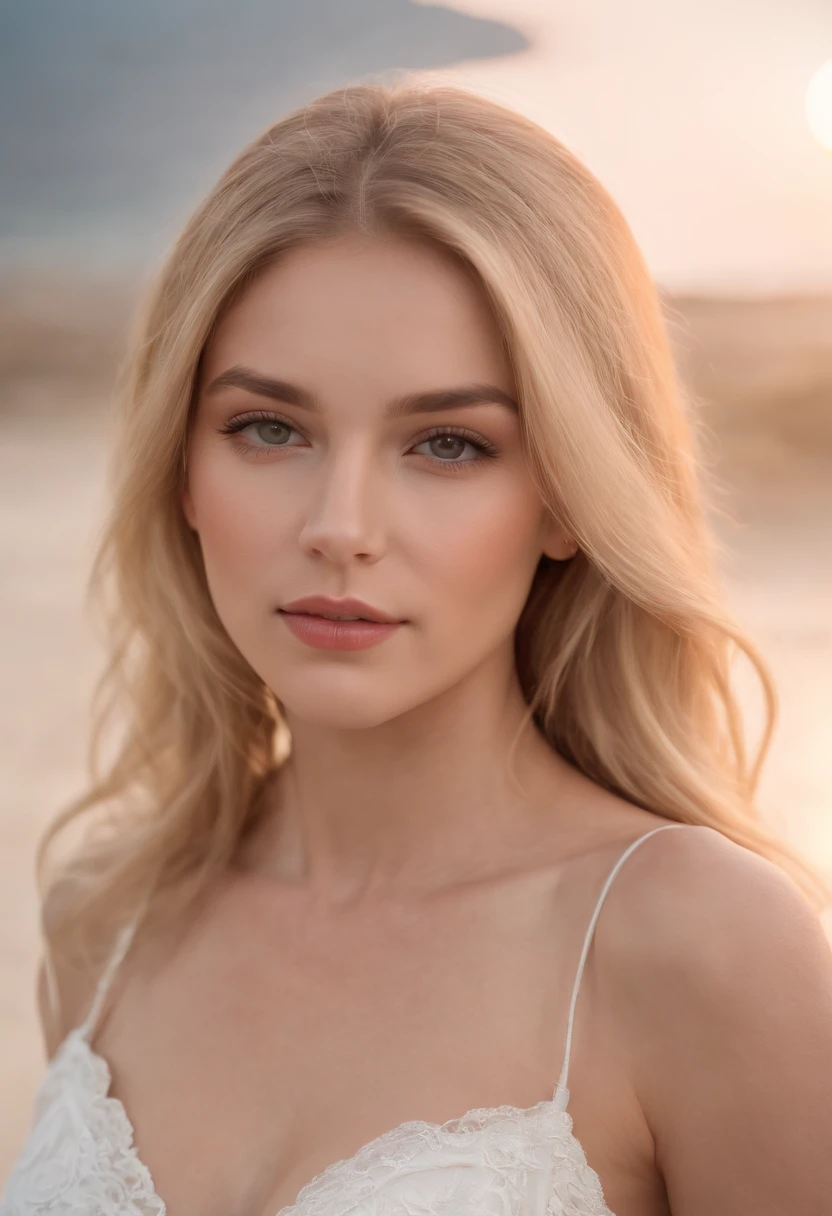 professional, (4k photo:1.1) by (Jeremy Lipking:0.3), (Dittmann Anna:0.3), (Arian Mark:0.3), (Sharp focus:1.3), high detail, wearing (tight shirt:1.2), beautiful detailed face, hazel eyes, long blonde hair, (attractive young woman:1.3), (seductive:1.1), (blushing:1.1), hourglass body shape, big round breasts, wide hips, on beach