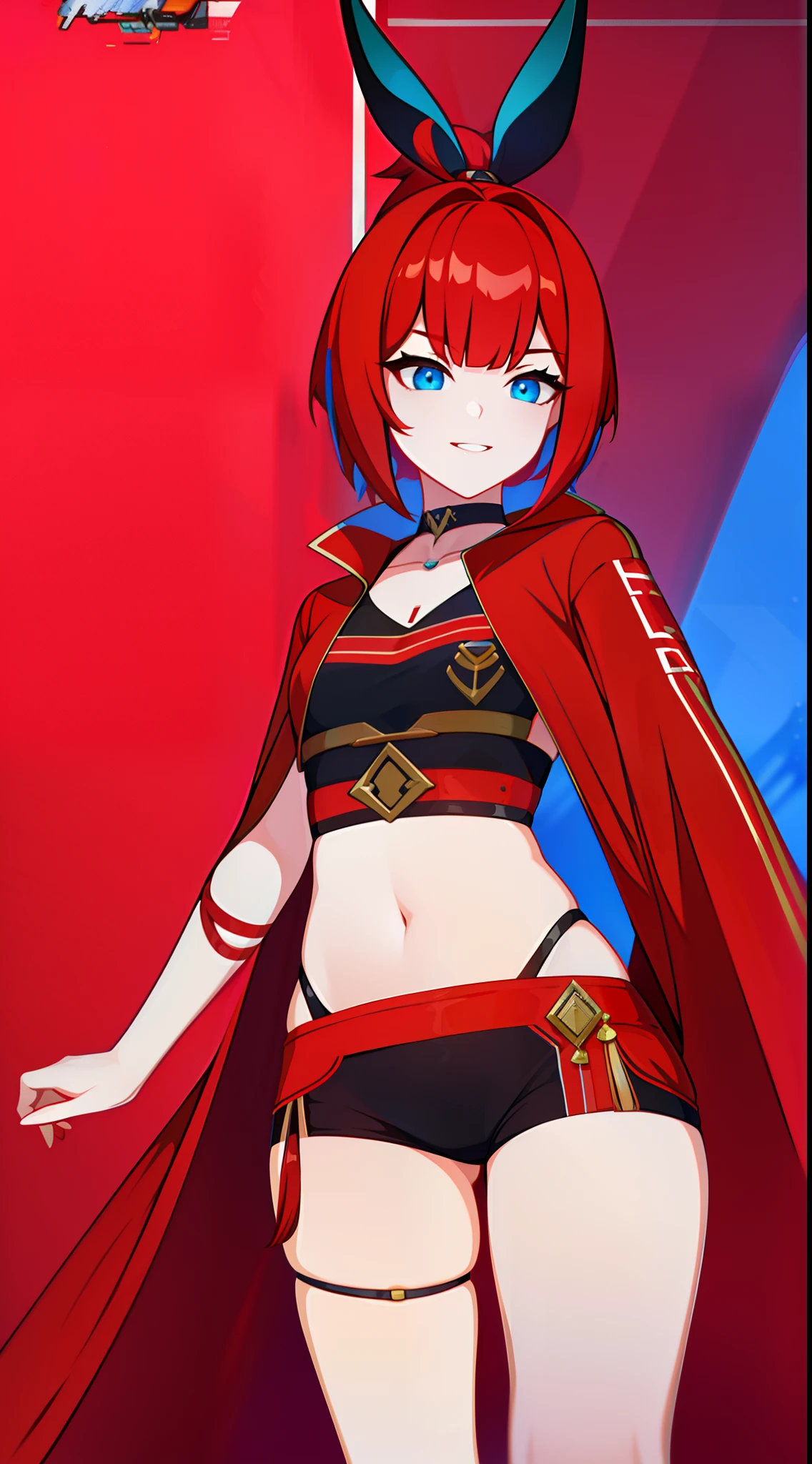 young guy, short orange hair, cat ears, blue eyes, open torso, battle robe, smile, Masterpiece, hiquality